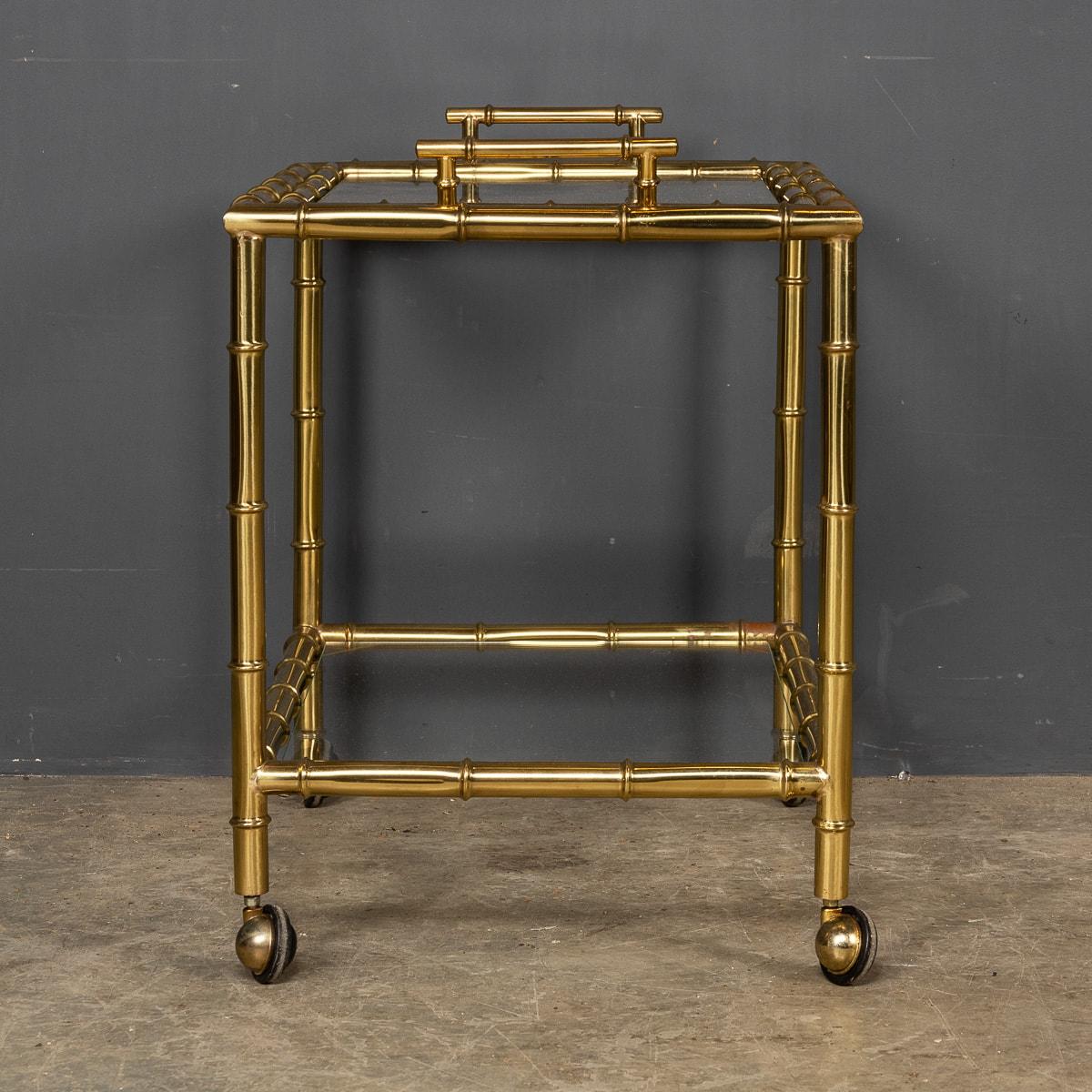 20th Century Pair of 20thc French Bamboo Effect Brass & Glass Pair of Drinks Trolleys, c 1970 For Sale