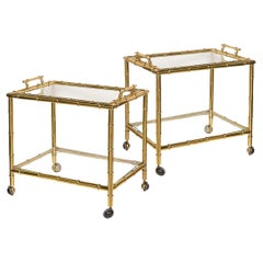 Pair of 20thc French Bamboo Effect Brass & Glass Pair of Drinks Trolleys, c 1970