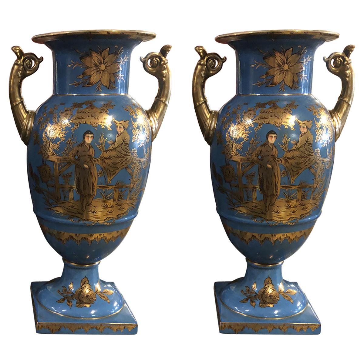 Pair of 20th Century French Chinoiserie Double Handle Vases For Sale