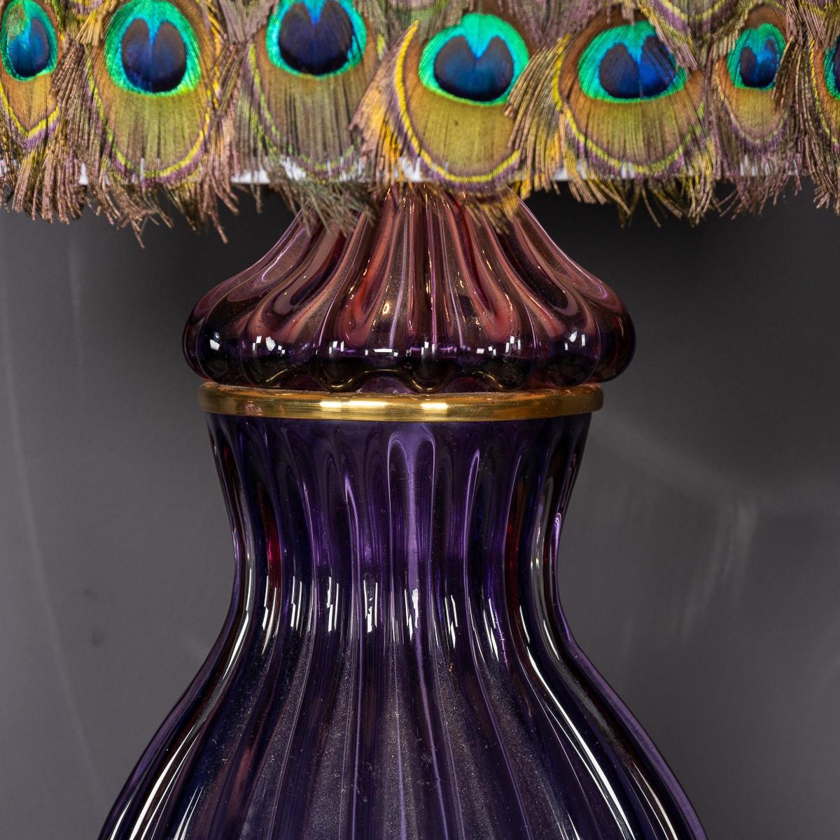 Pair Of 20thC Neoclassical Murano Glass Lamps With Peacock Feather Shades c.1950 4
