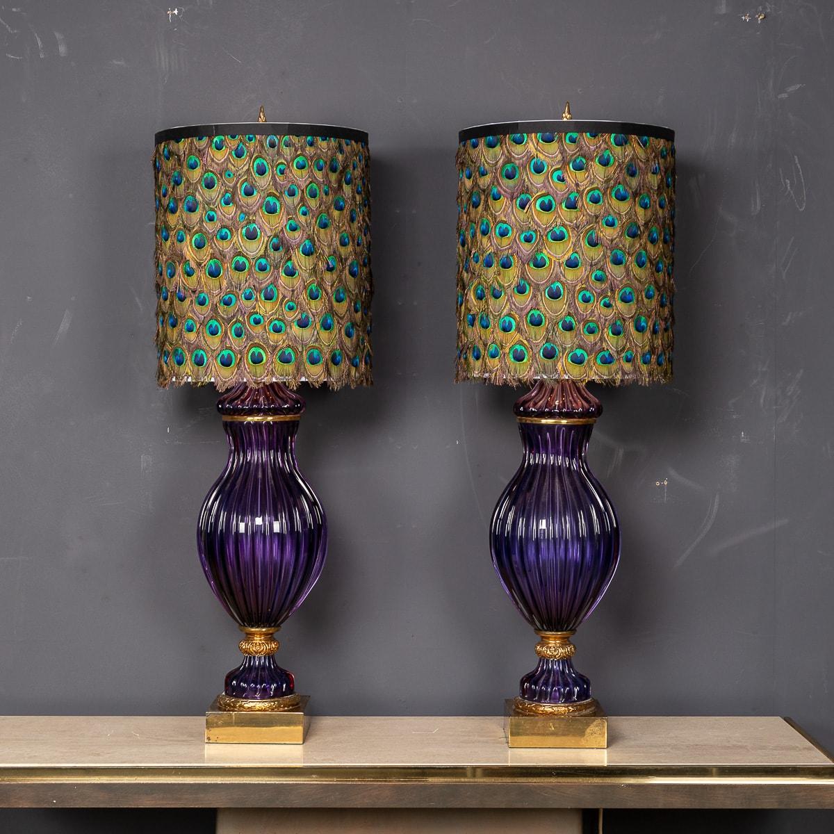 Other Pair Of 20thC Neoclassical Murano Glass Lamps With Peacock Feather Shades c.1950