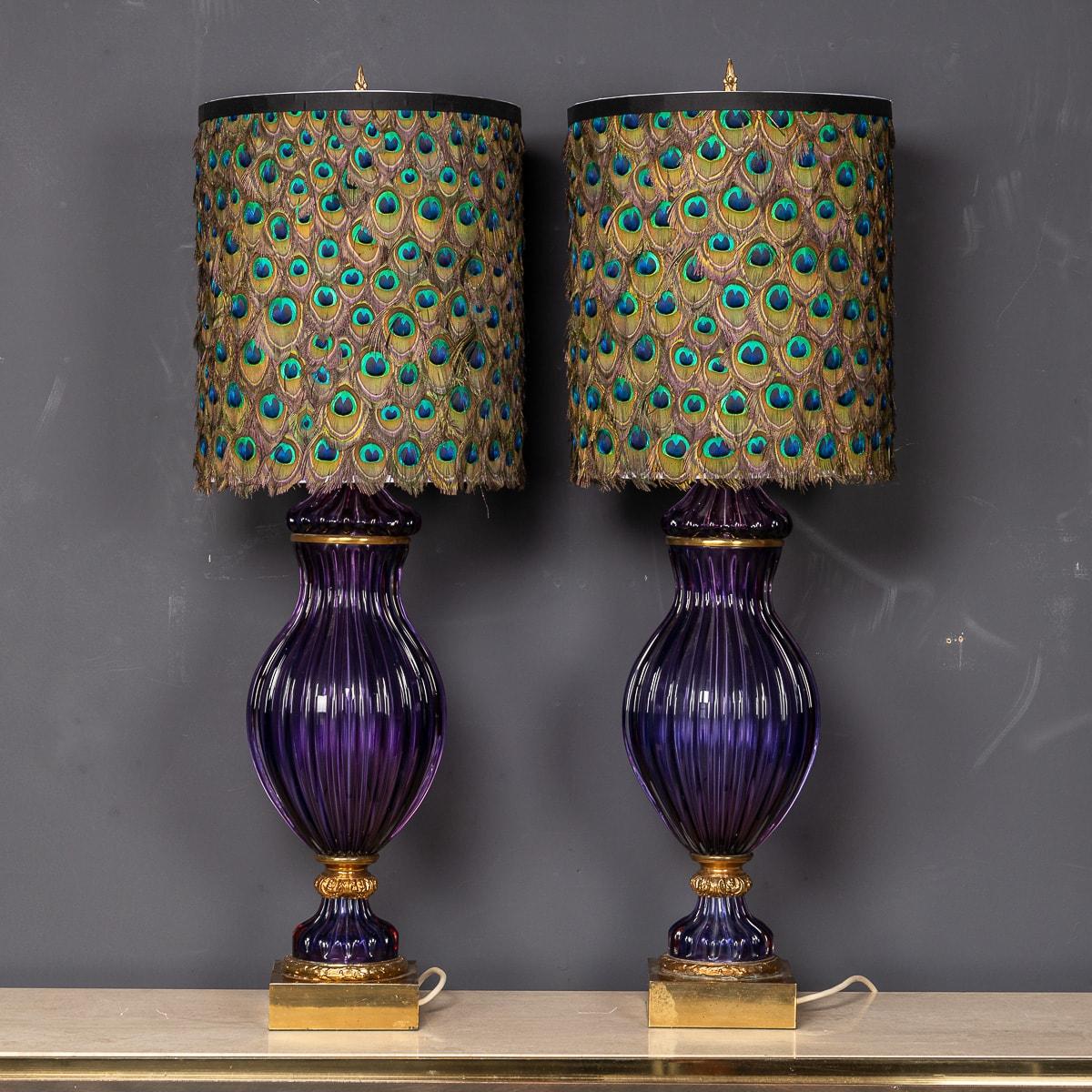 Italian Pair Of 20thC Neoclassical Murano Glass Lamps With Peacock Feather Shades c.1950