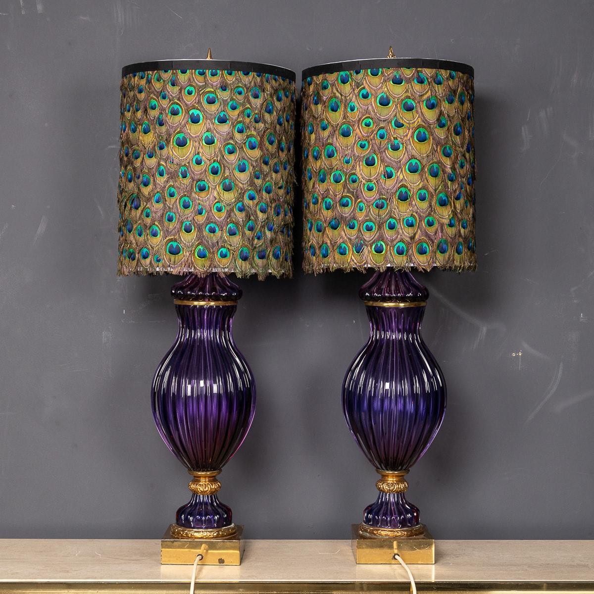 Pair Of 20thC Neoclassical Murano Glass Lamps With Peacock Feather Shades c.1950 In Good Condition In Royal Tunbridge Wells, Kent