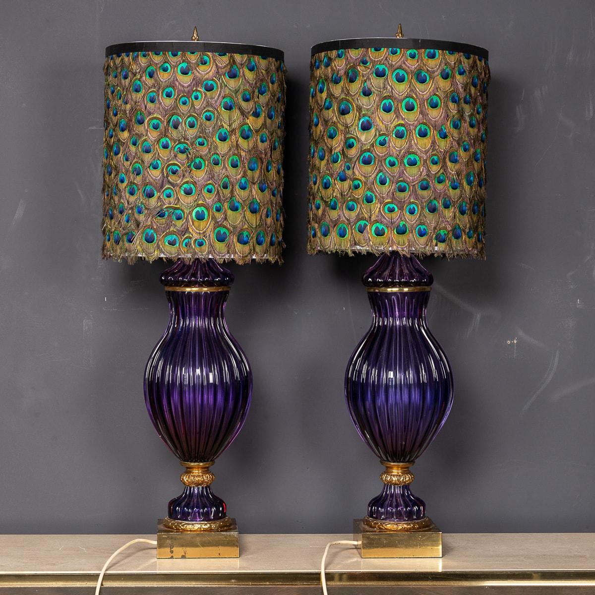 Mid-20th Century Pair Of 20thC Neoclassical Murano Glass Lamps With Peacock Feather Shades c.1950
