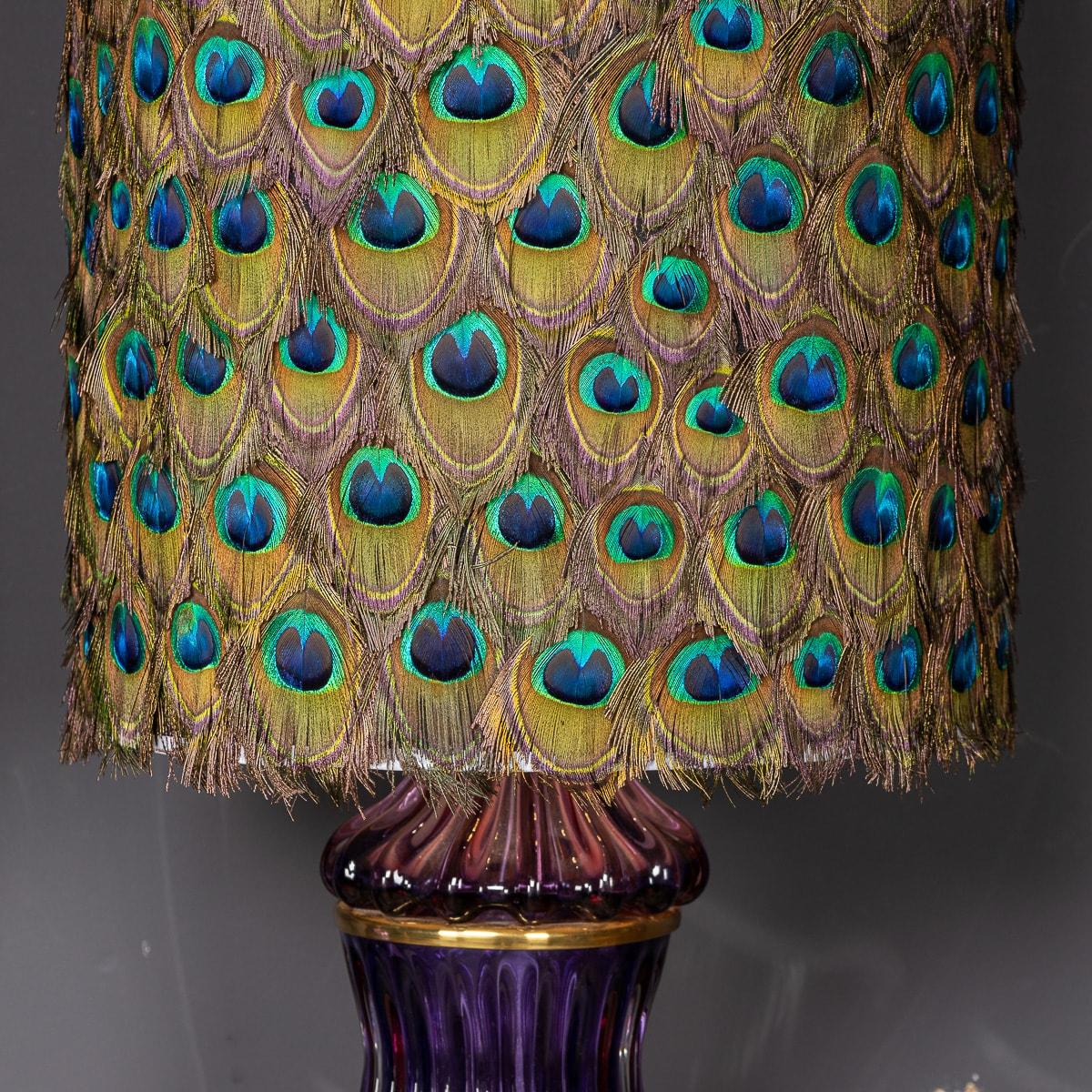 Pair Of 20thC Neoclassical Murano Glass Lamps With Peacock Feather Shades c.1950 3