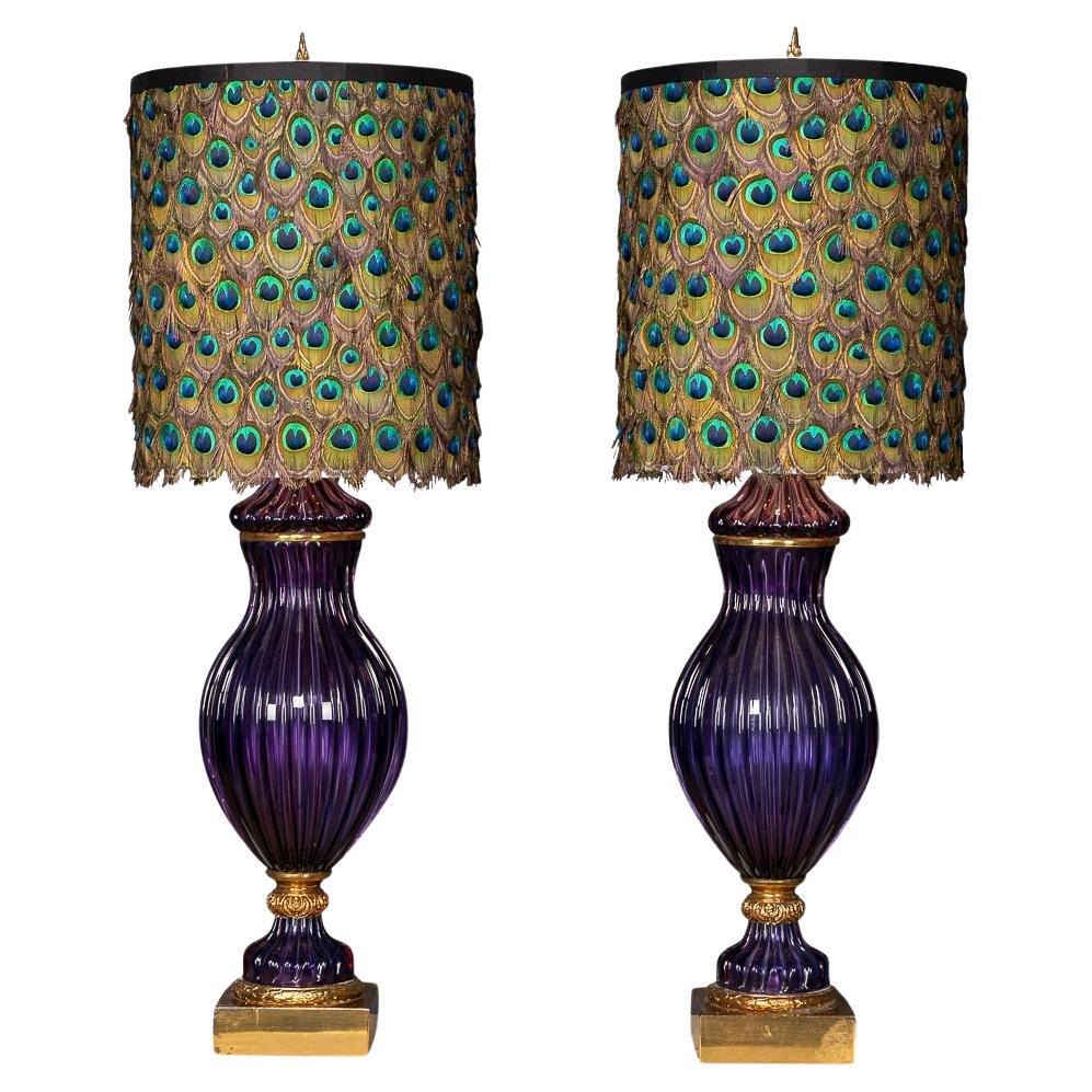 Pair Of 20thC Neoclassical Murano Glass Lamps With Peacock Feather Shades c.1950