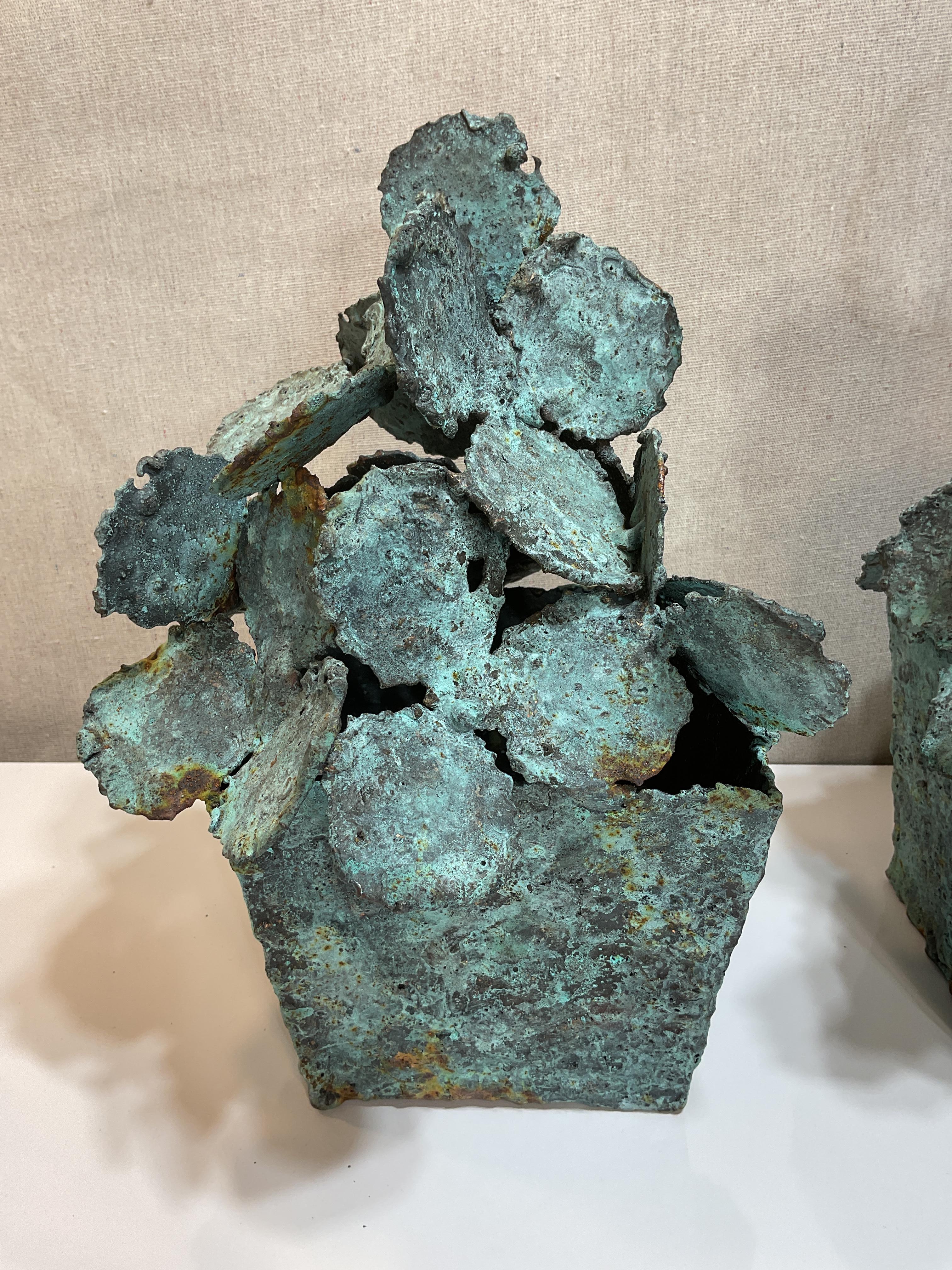 Coppia di sculture floreali astratte in bronzo
Realizzato a mano in stile Brutalista da un artista locale di Atlanta
Realizzato con una bellissima patina verdastra
Realizzato nel 21° secolo

Queste sculture floreali sono un'opera d'arte unica.