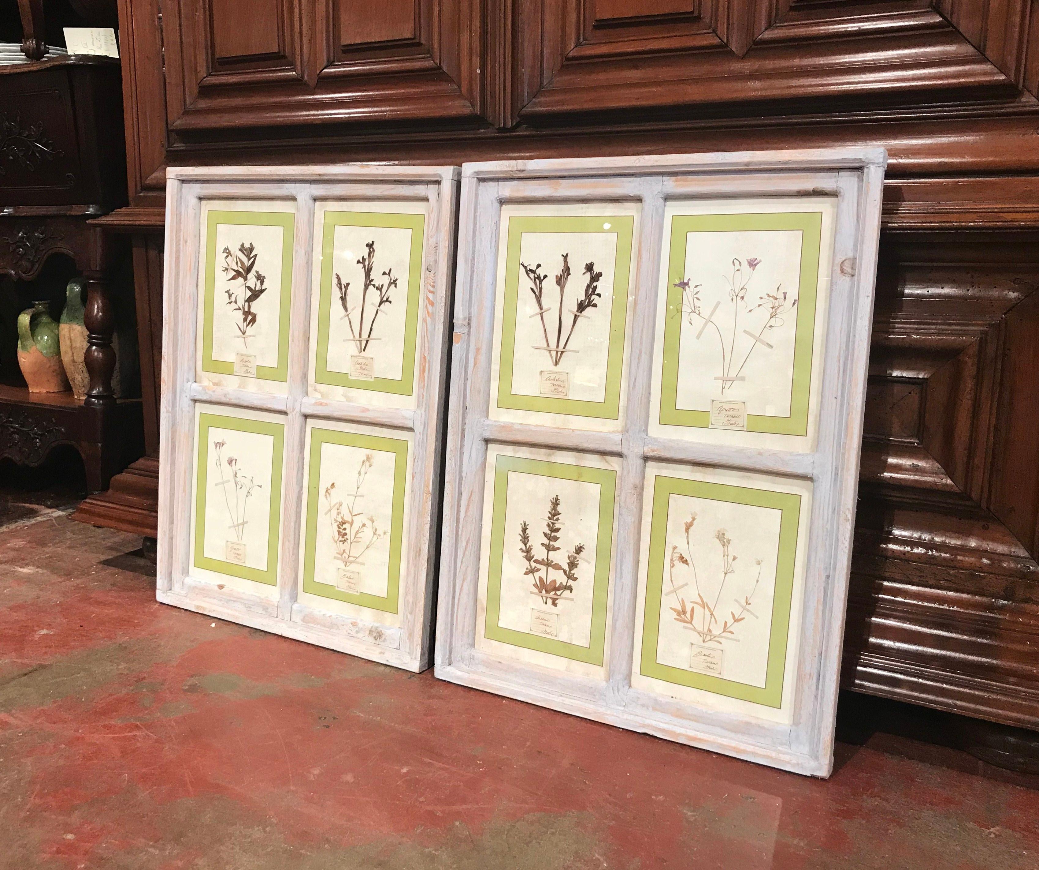 Decorate a wall with this elegant pair of framed botanical studies. Crafted in Italy circa 2000, each piece is made up of four individual glass frames. Dried flowers and leaves are placed inside each of these frames and is shielded by a layer of