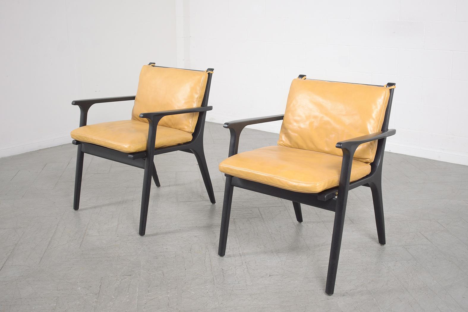 American Modern Leather Armchairs: Mustard Yellow Upholstery with Black Oak Frame For Sale