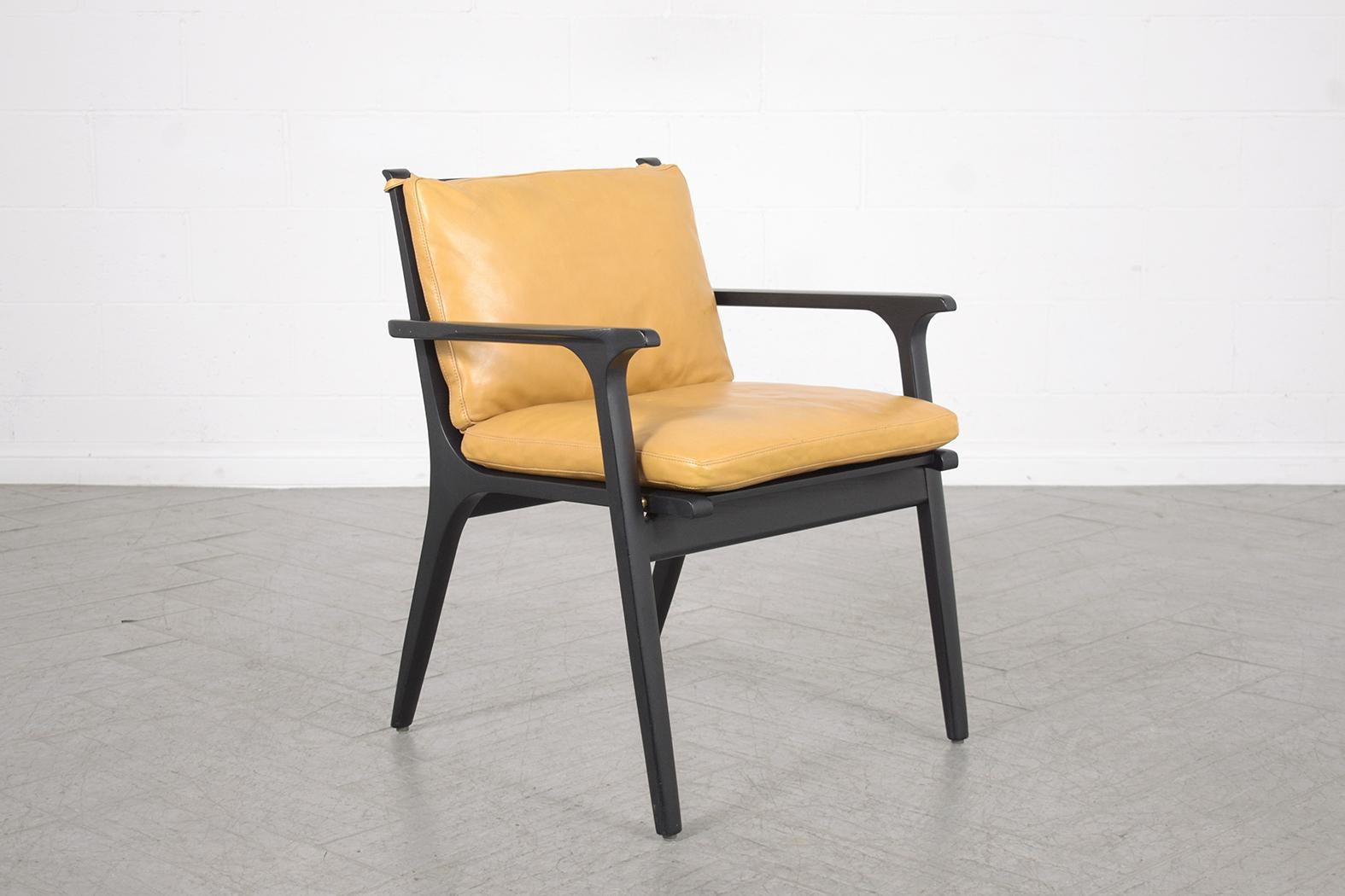 Modern Leather Armchairs: Mustard Yellow Upholstery with Black Oak Frame In Good Condition For Sale In Los Angeles, CA