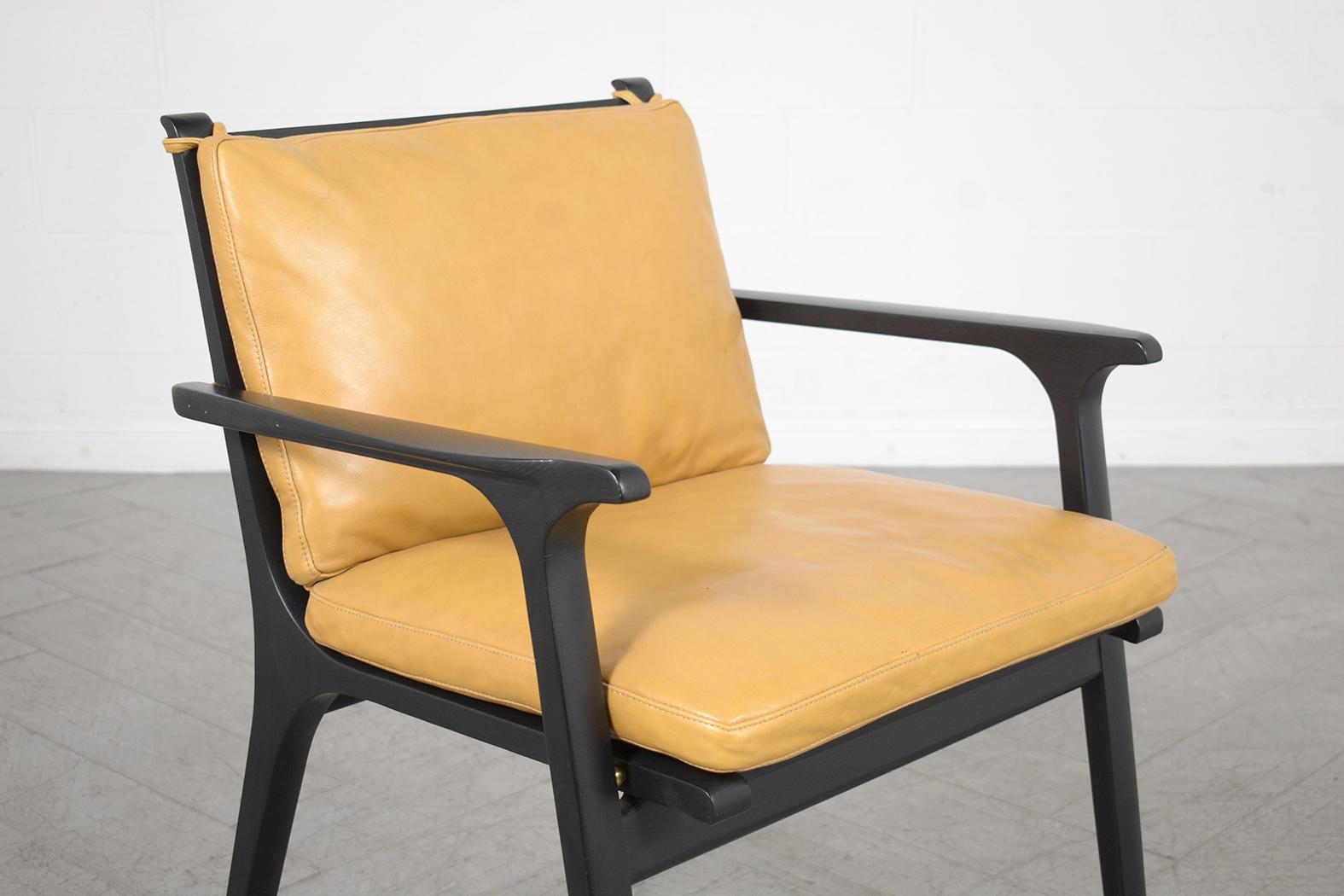 Contemporary Modern Leather Armchairs: Mustard Yellow Upholstery with Black Oak Frame For Sale