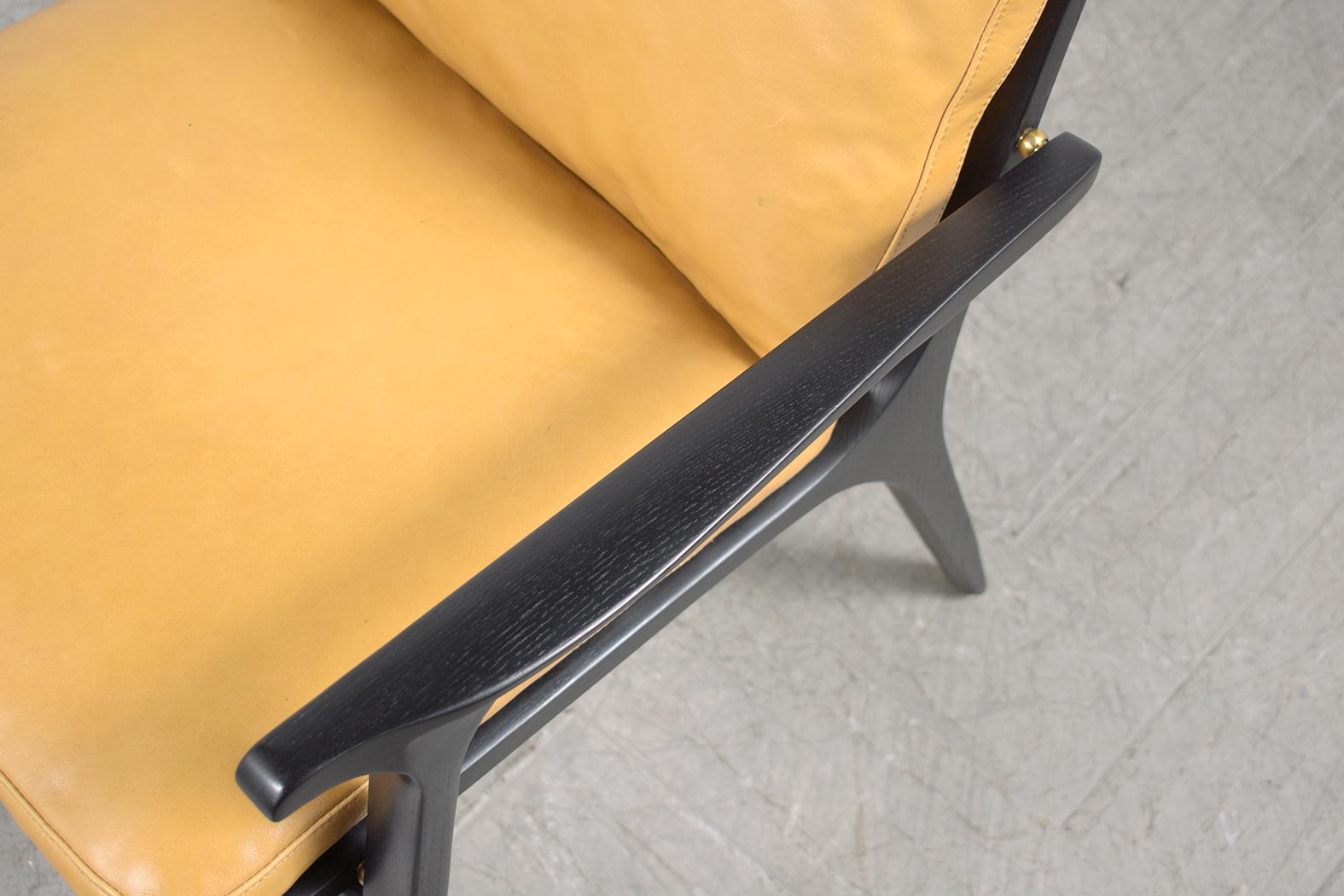 Brass Modern Leather Armchairs: Mustard Yellow Upholstery with Black Oak Frame For Sale