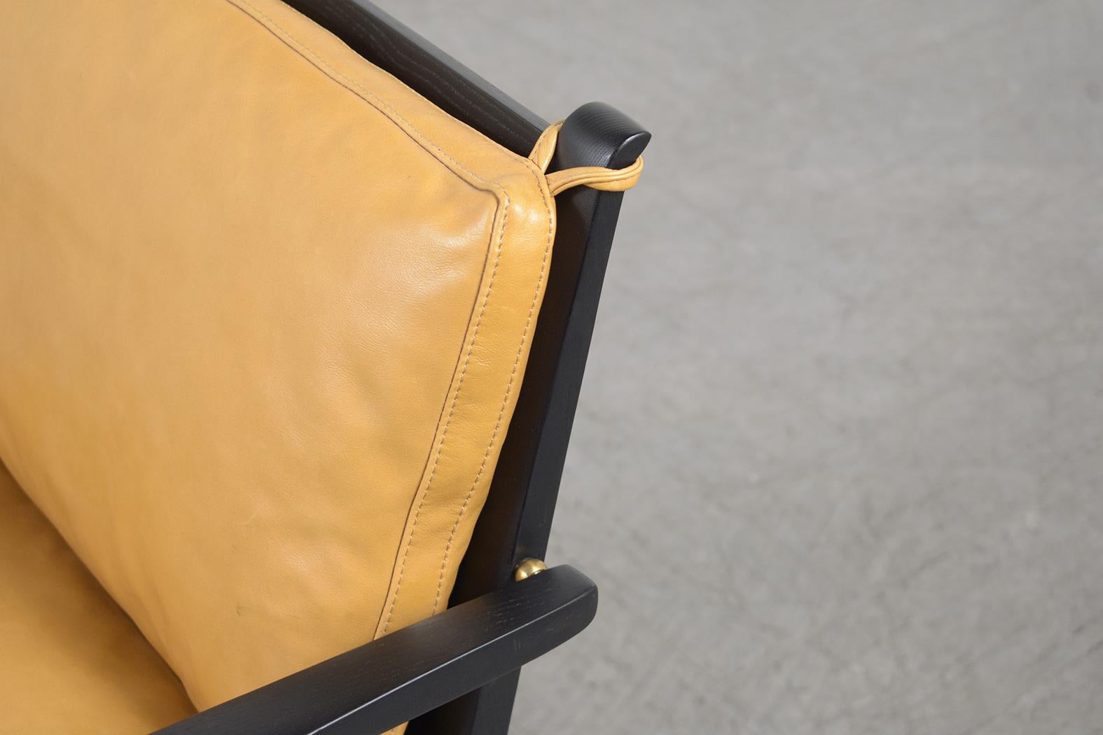 Modern Leather Armchairs: Mustard Yellow Upholstery with Black Oak Frame For Sale 1