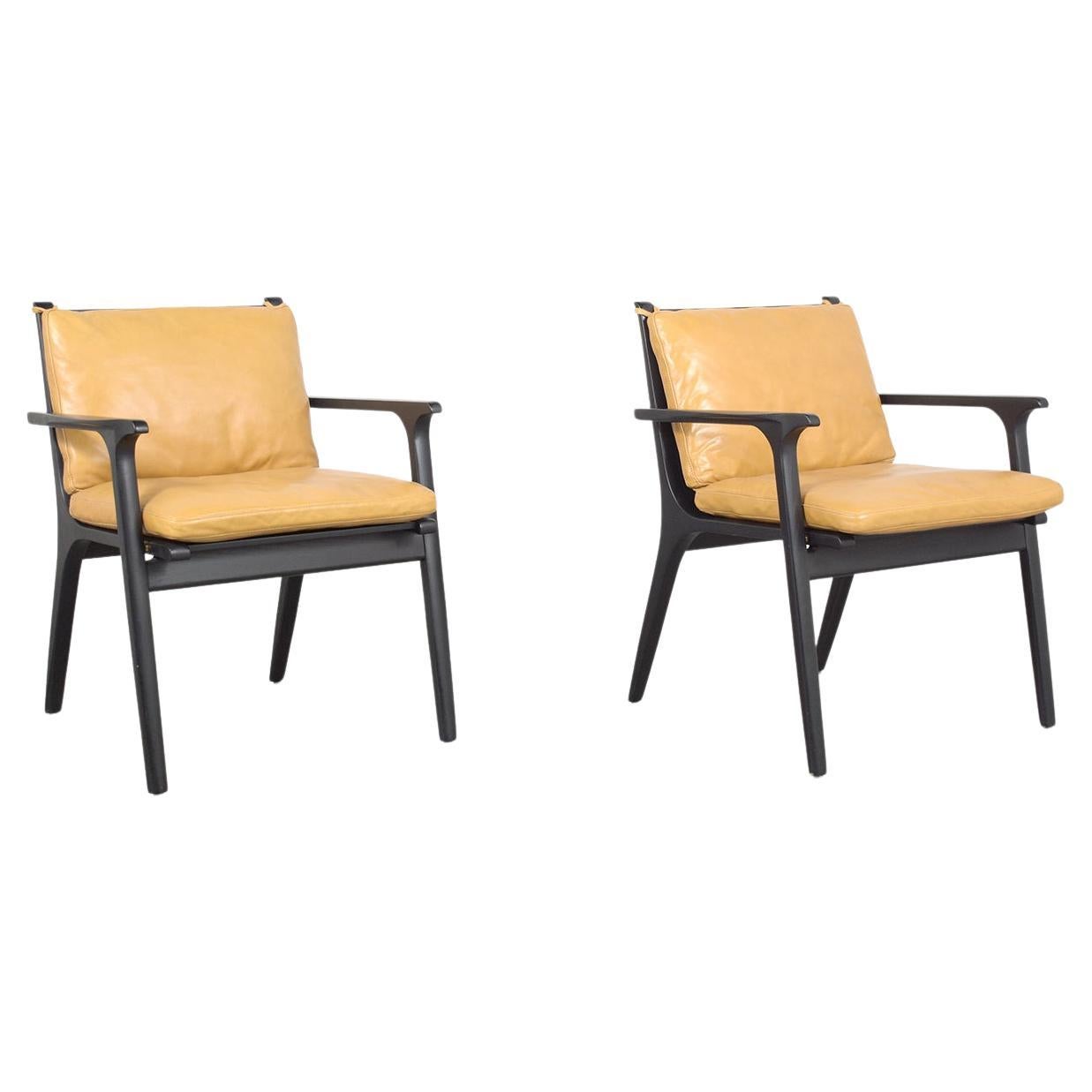Modern Leather Armchairs: Mustard Yellow Upholstery with Black Oak Frame For Sale