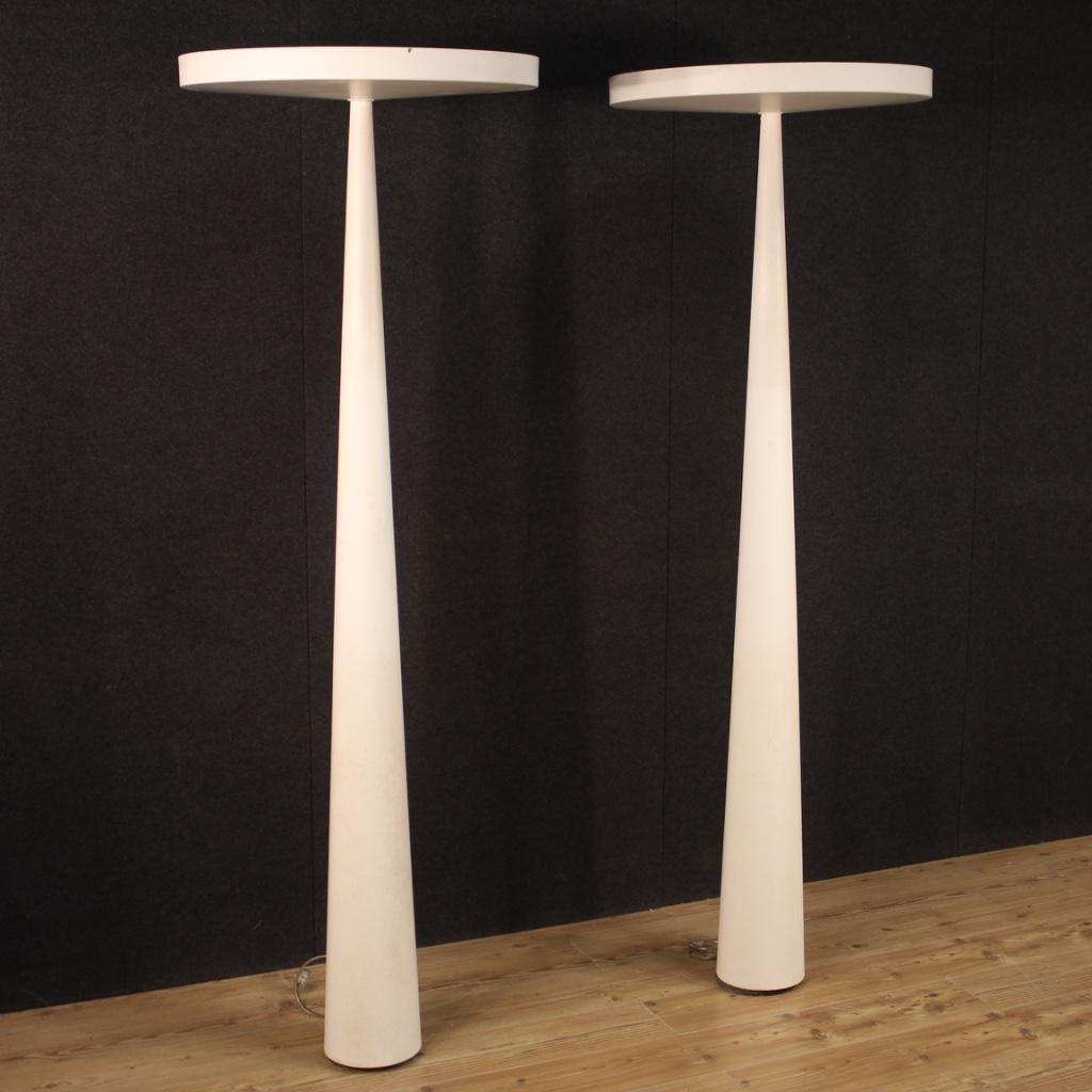Pair of Italian lamps from the early 21st century. Metal furniture of particular shape and construction with lights placed in the upper part. Lamps produced by Prandina designed by the designer Luc Ramael of fabulous furniture. Floor lamps with