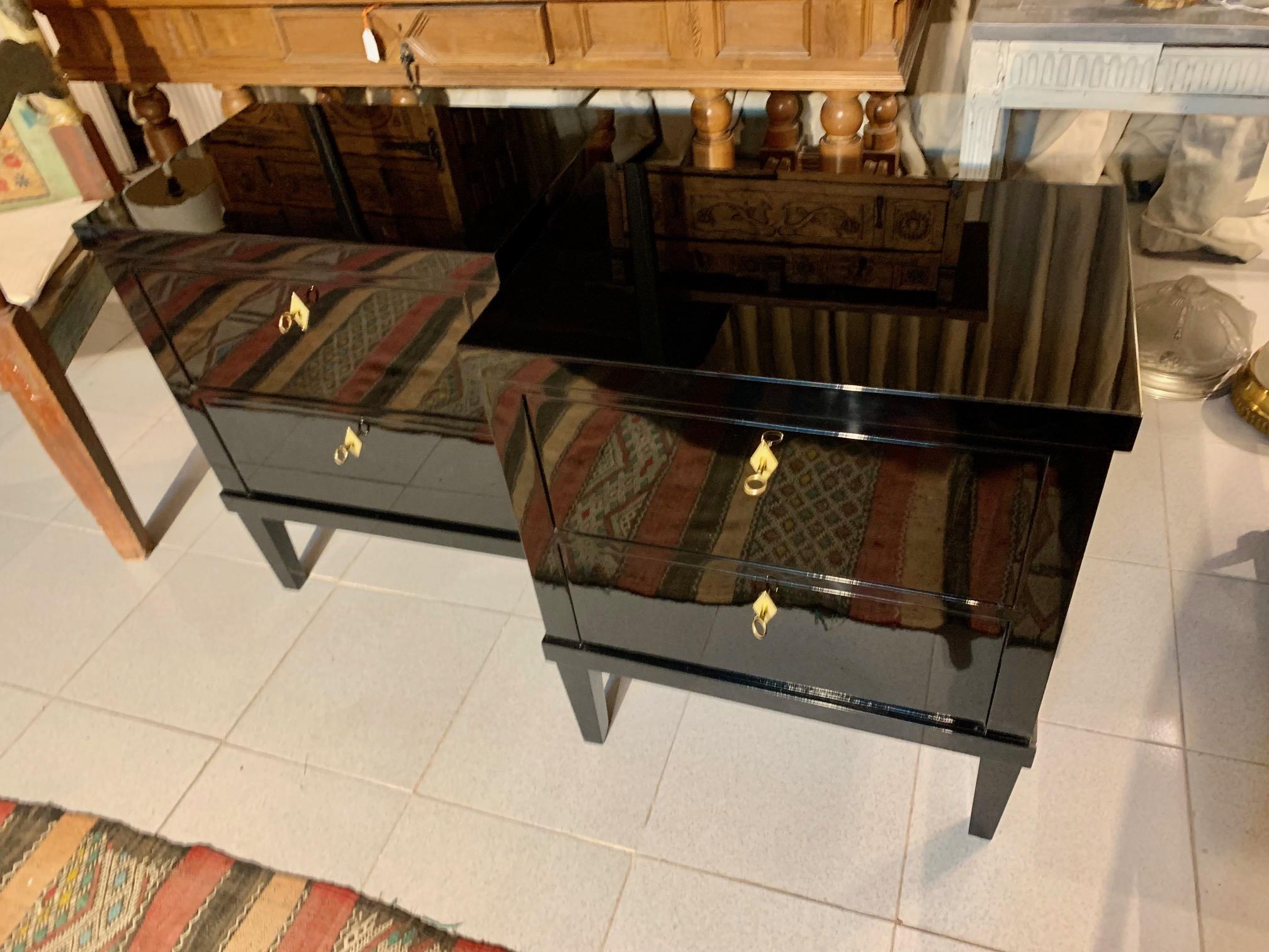 Pair of 21st Small Black Lacquered Commodes or Bedside Tables Biedermeier Style For Sale 9