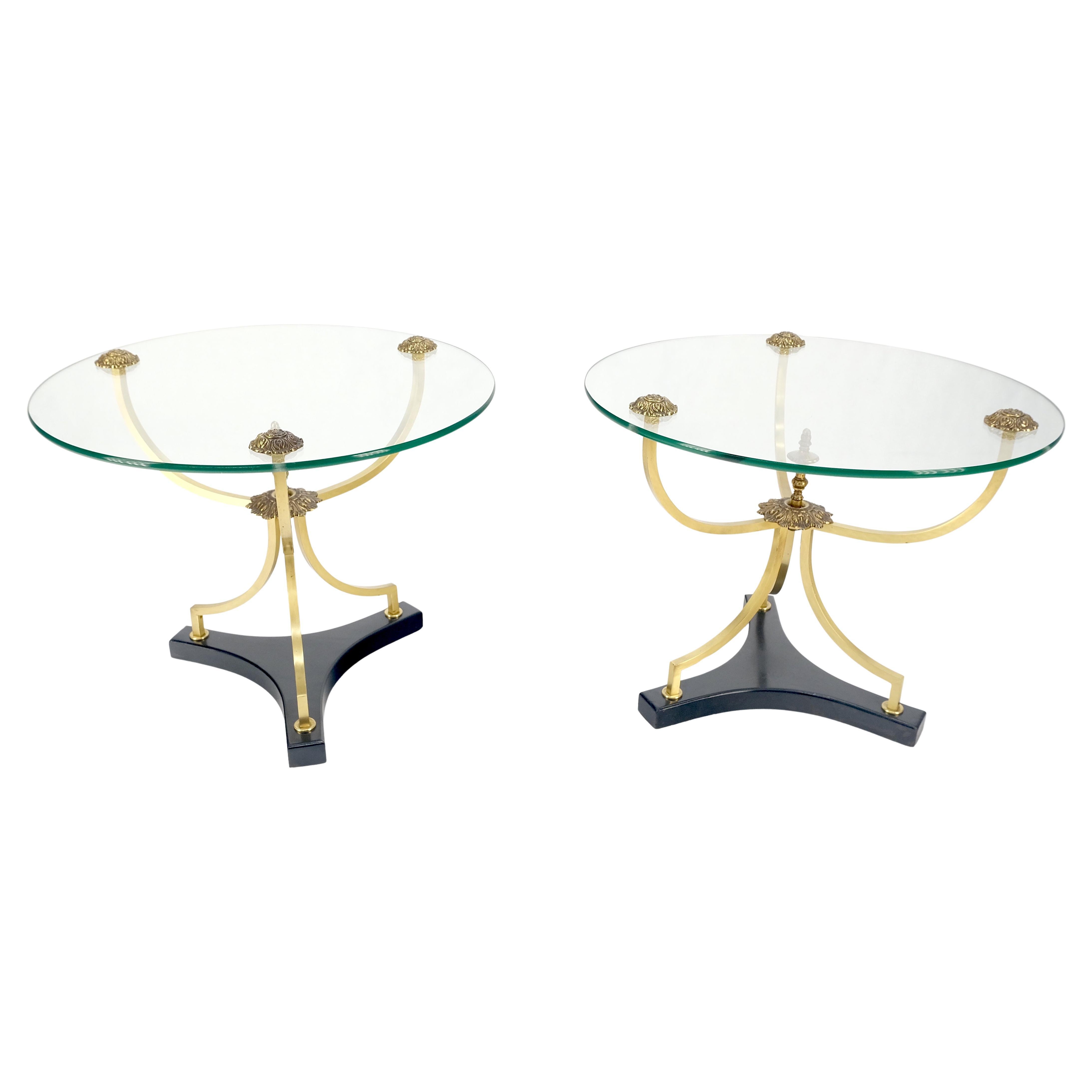 Pair of 22" Round Glass Top Brass Bases End Side Center Tables Stands For Sale