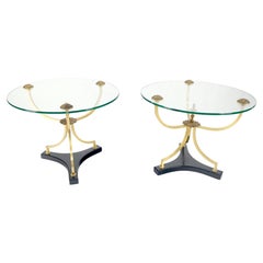 Pair of 22" Round Glass Top Brass Bases End Side Center Tables Stands
