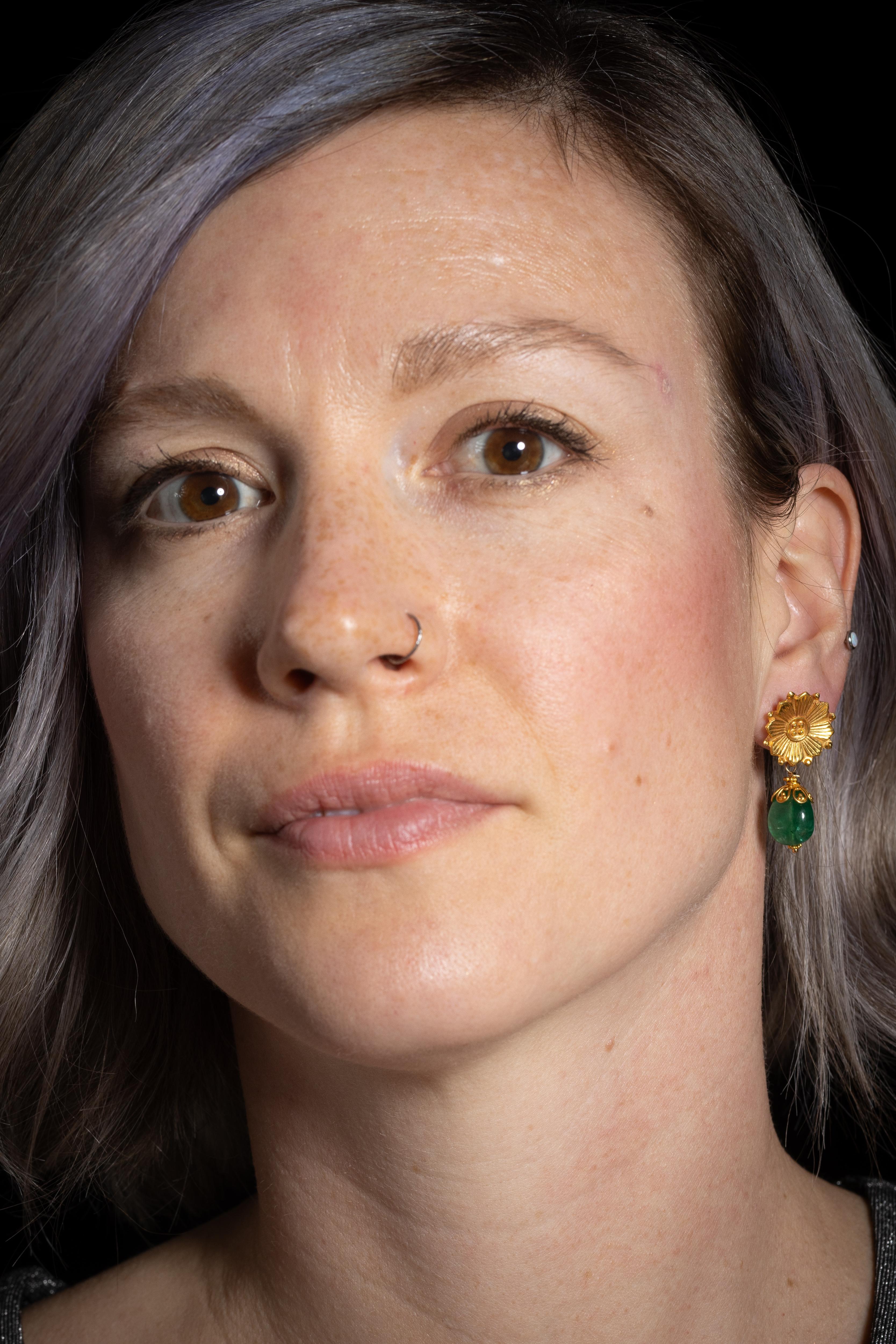 Tumbled Pair of 22K Gold and Emerald Drop Earrings by Deborah Lockhart Phillips For Sale