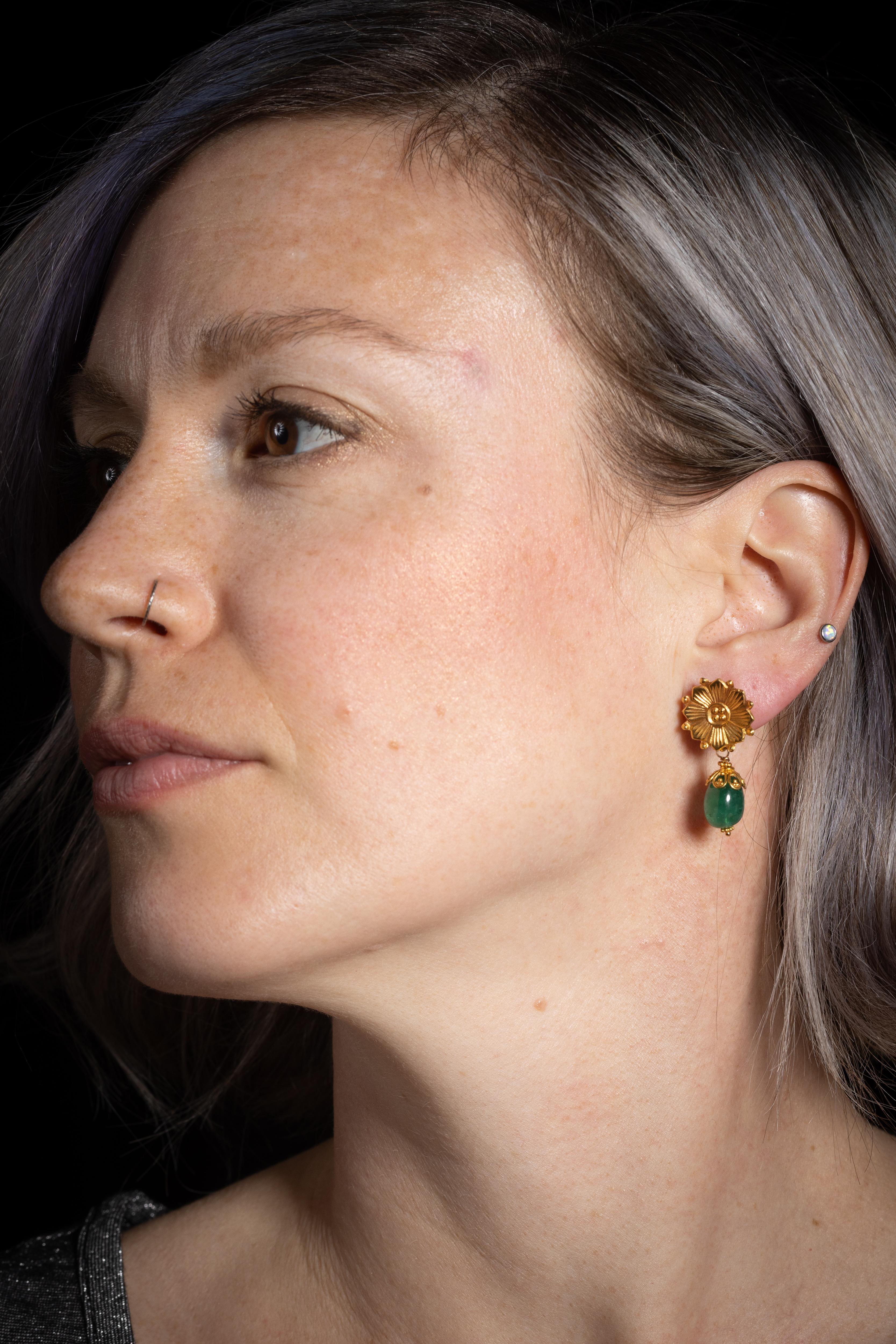 Pair of 22K Gold and Emerald Drop Earrings by Deborah Lockhart Phillips In Excellent Condition For Sale In Nantucket, MA