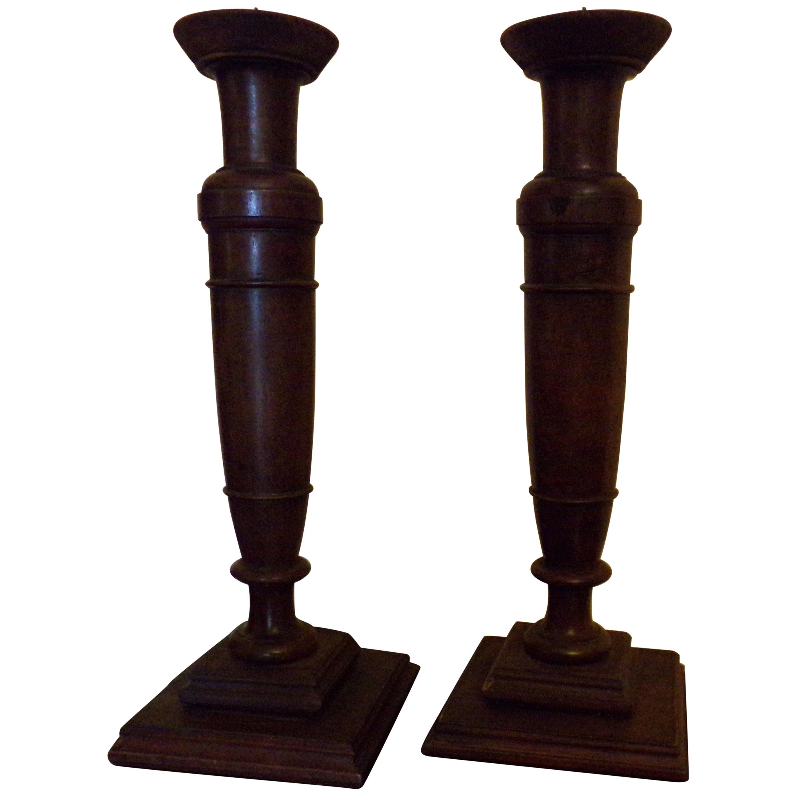 Pair of Candlesticks in Walnut, circa 1890 For Sale