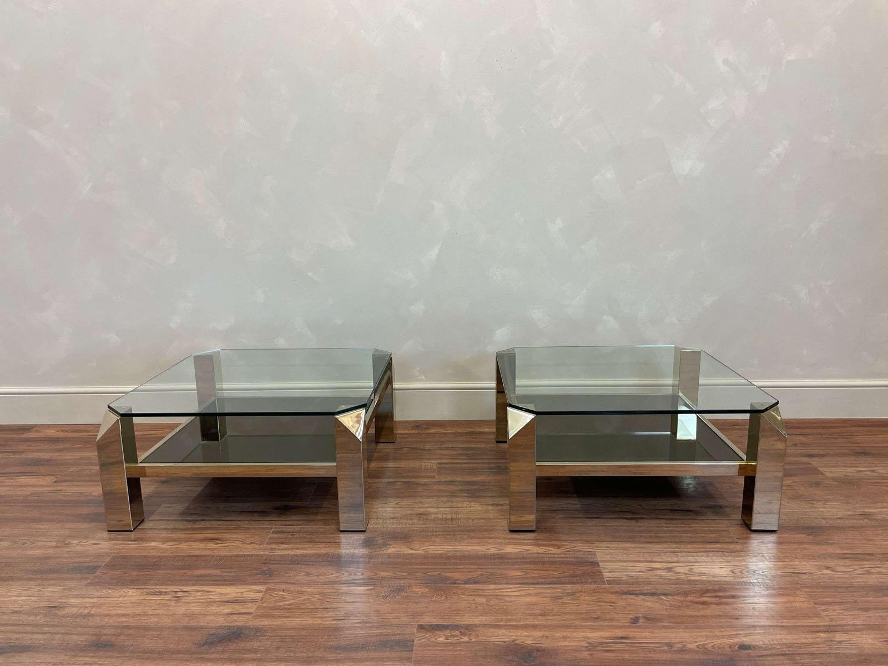 Hollywood Regency Pair of 23 Carat Gold Plated, Coffee Tables Tables by Belgo Chrome, c1970