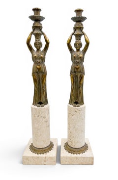 Pair of 24-Inch Neoclassical Bronze Caryatid and Limestone Candlesticks