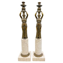 Pair of 24-Inch Neoclassical Bronze Caryatid and Limestone Candlesticks