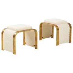 Pair of 24k Gold Gilt and Ivory Boucle Waterfall Stools or Benches, Italy, 1970