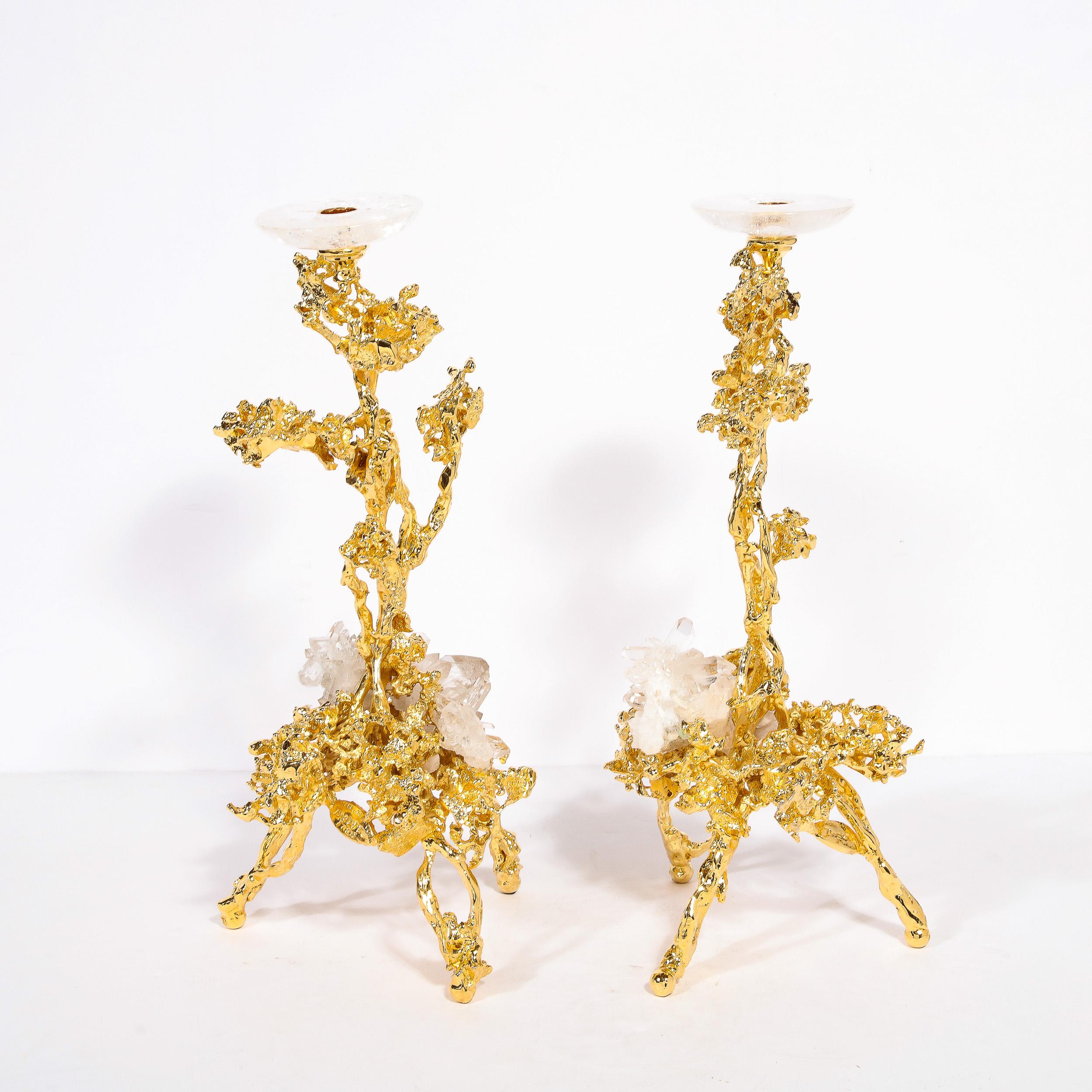 Pair of 24K Gold Single Branch Candleholders w/ Rock Crystals by Claude Boeltz For Sale 4