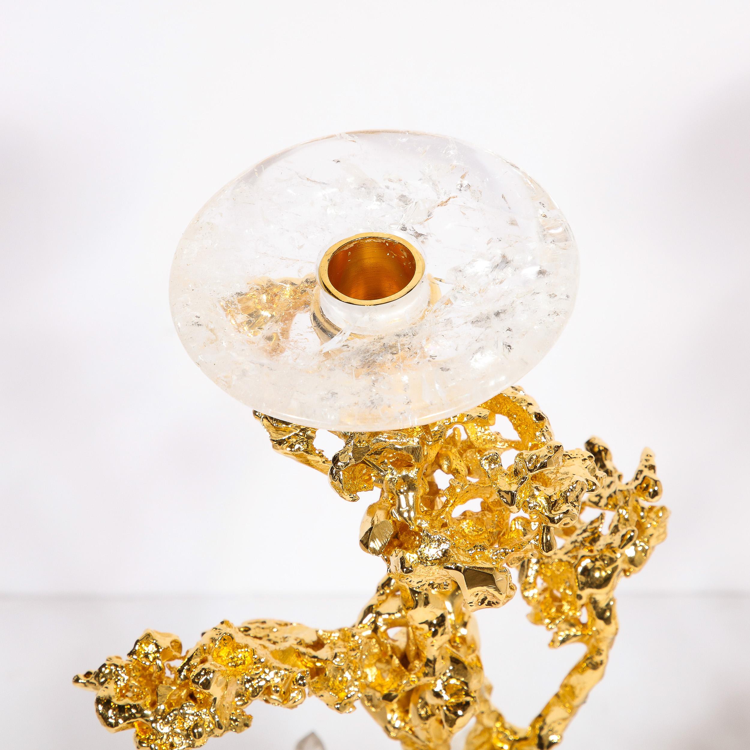 Ein Paar Kerzenständer aus 24-karätigem Gold mit Bergkristallen von Claude Boeltz im Angebot 5