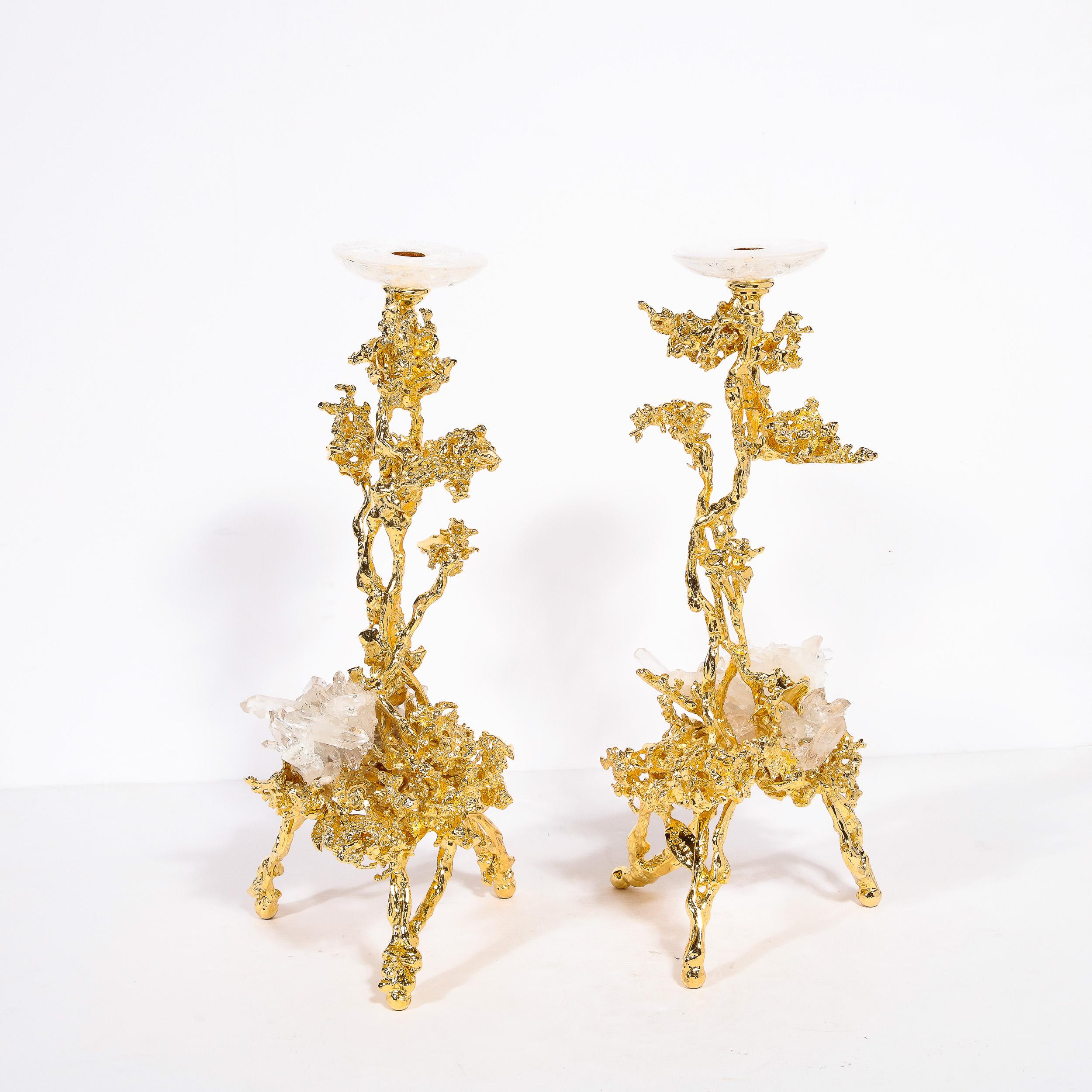 Pair of 24K Gold Single Branch Candleholders w/ Rock Crystals by Claude Boeltz For Sale 6