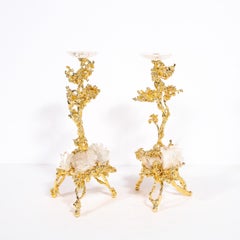 Pair of 24K Gold Single Branch Candleholders w/ Rock Crystals by Claude Boeltz