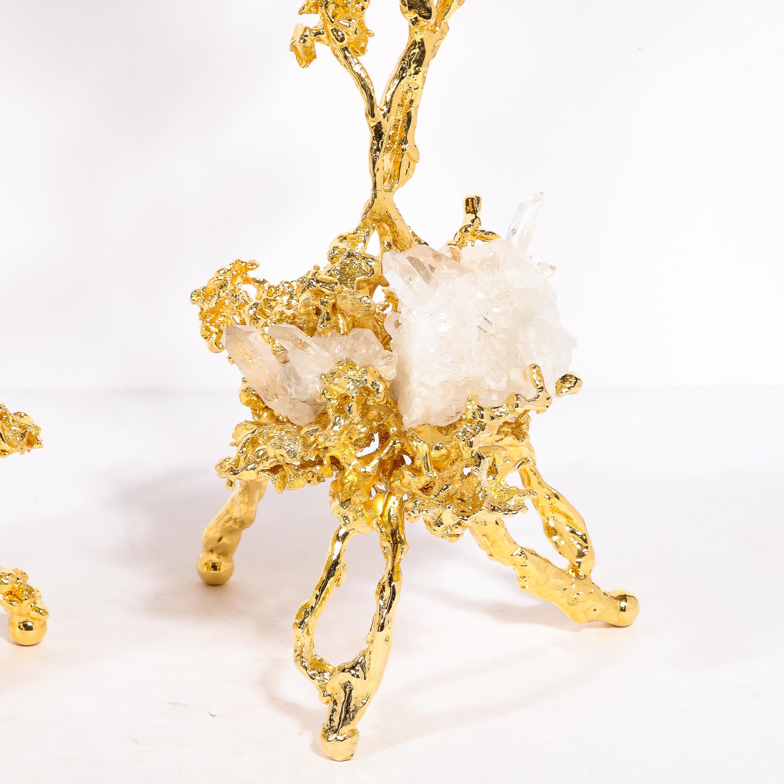 French Pair of 24K Gold Single Branch Candleholders w/ Rock Crystals by Claude Boeltz For Sale