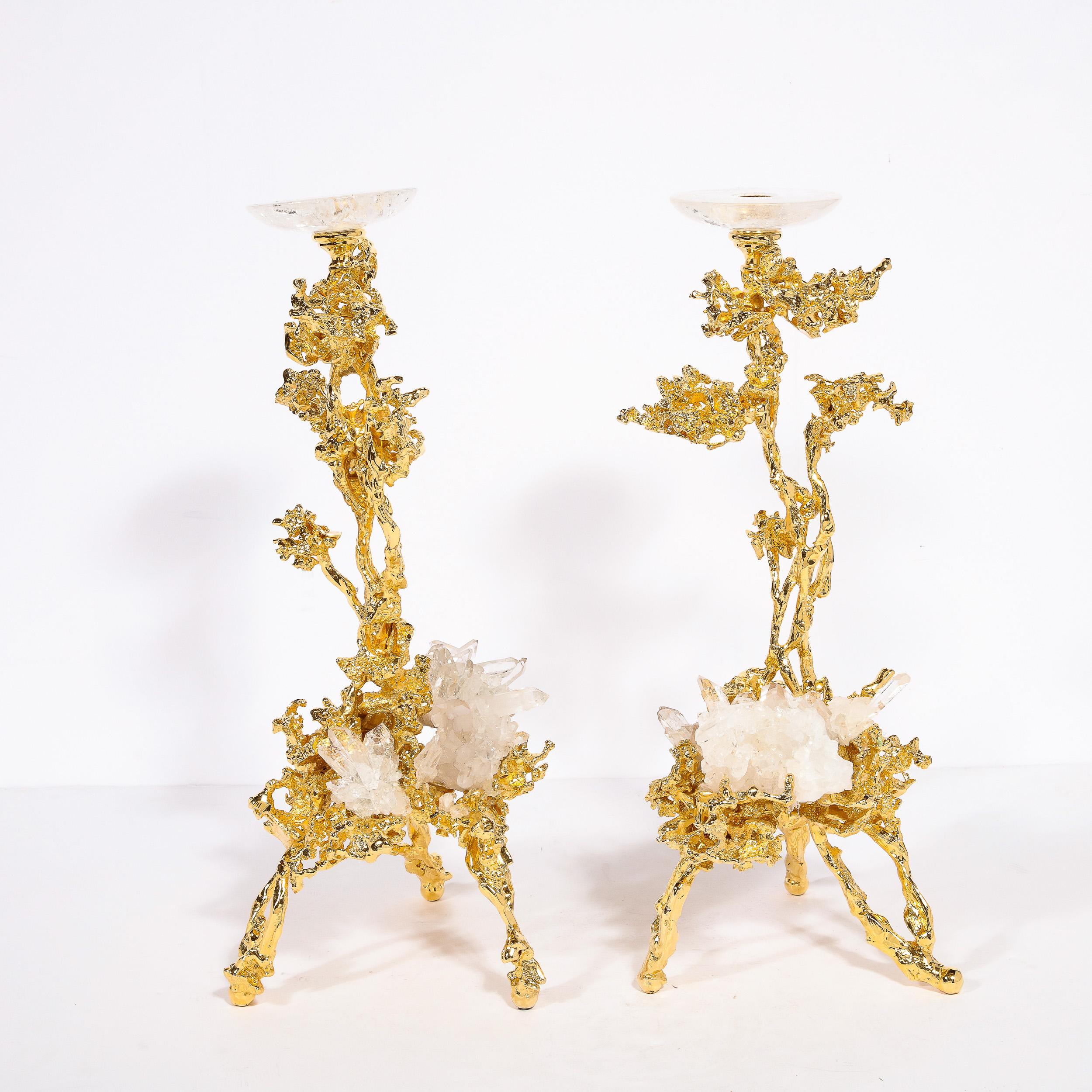 Pair of 24K Gold Single Branch Candleholders w/ Rock Crystals by Claude Boeltz For Sale 1