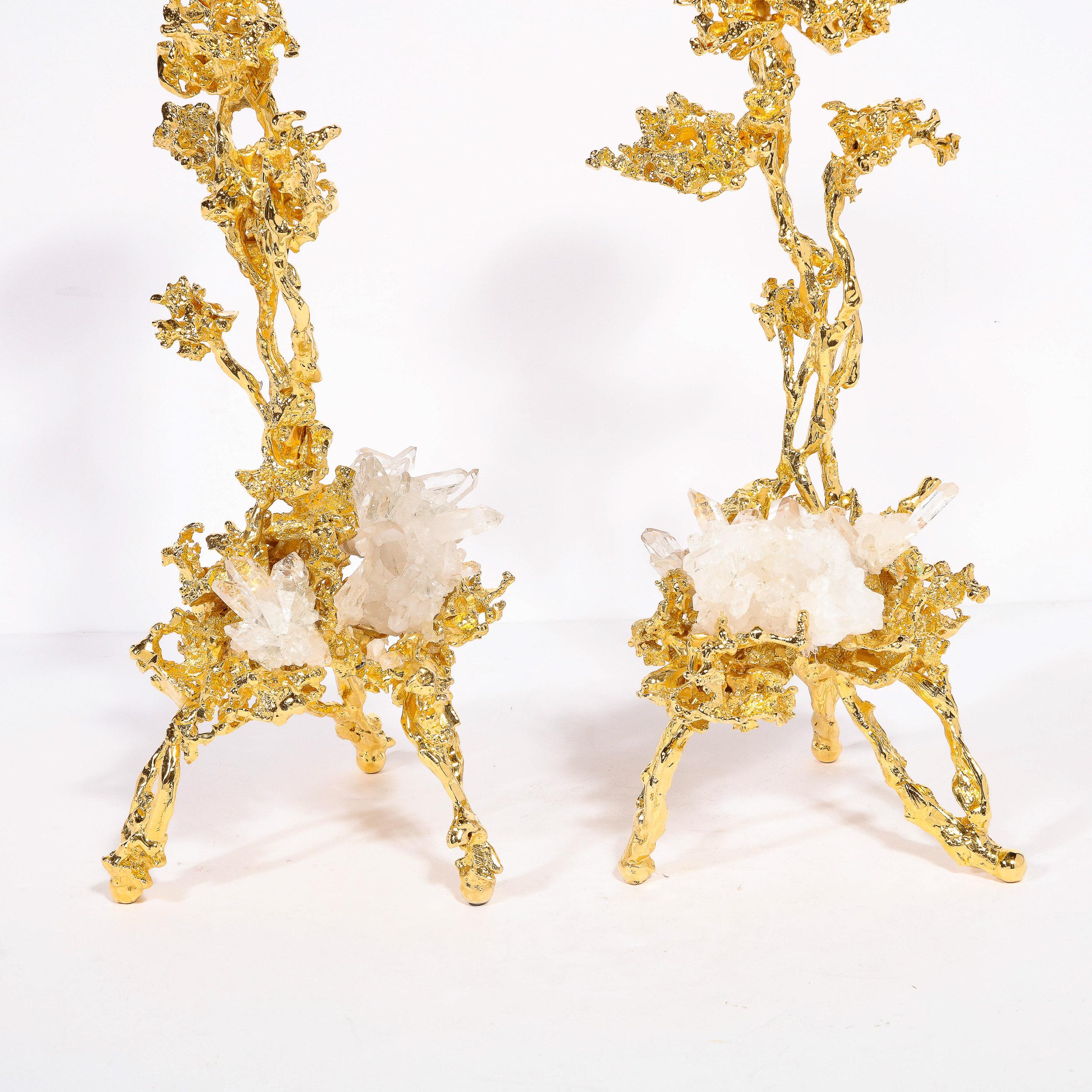 Pair of 24K Gold Single Branch Candleholders w/ Rock Crystals by Claude Boeltz For Sale 2