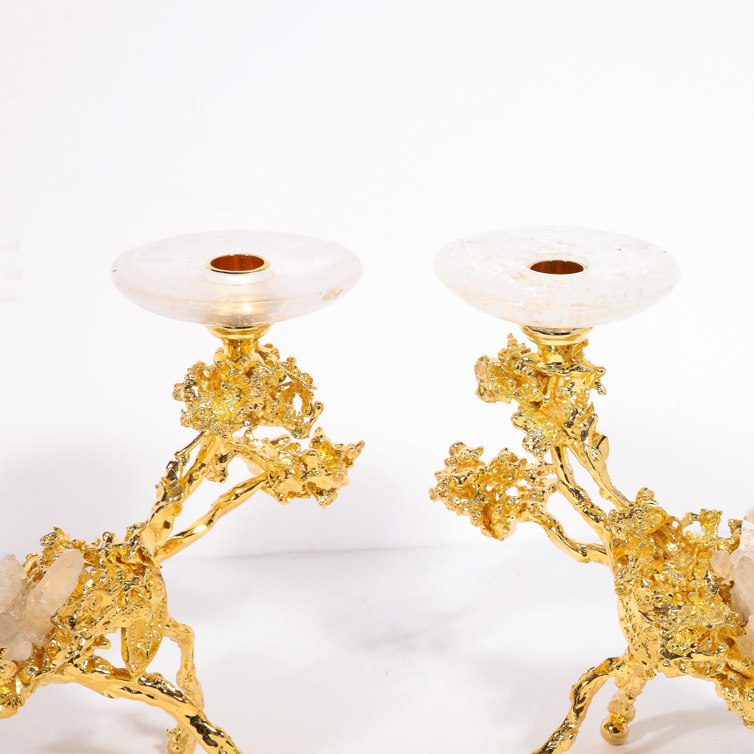 Pair of 24Karat Gold Low Branch Candleholders w/ Rock Crystals by Claude Boeltz For Sale 4