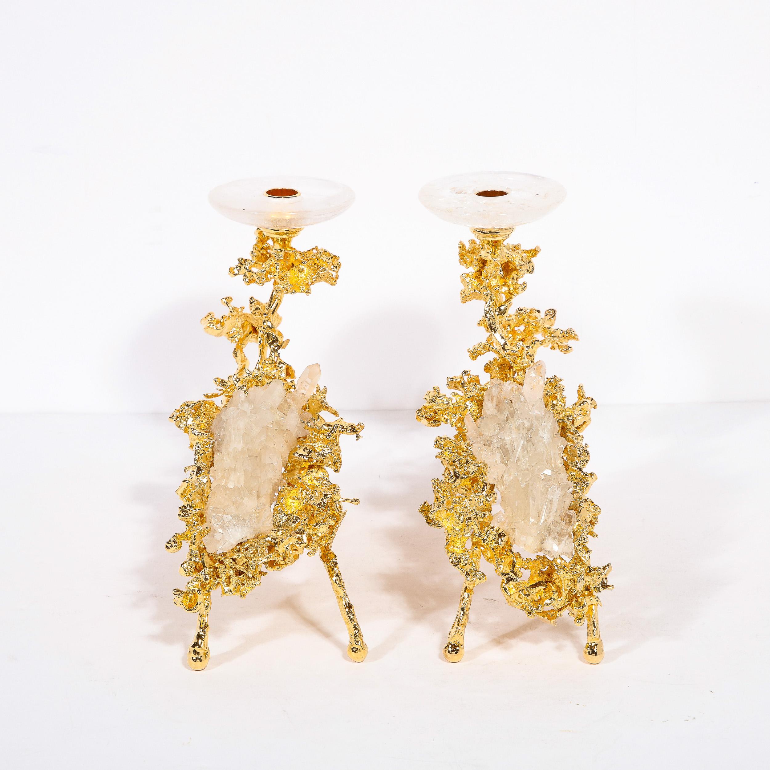 Pair of 24Karat Gold Low Branch Candleholders w/ Rock Crystals by Claude Boeltz For Sale 6