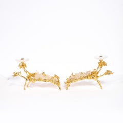 Pair of 24Karat Gold Low Branch Candleholders w/ Rock Crystals by Claude Boeltz