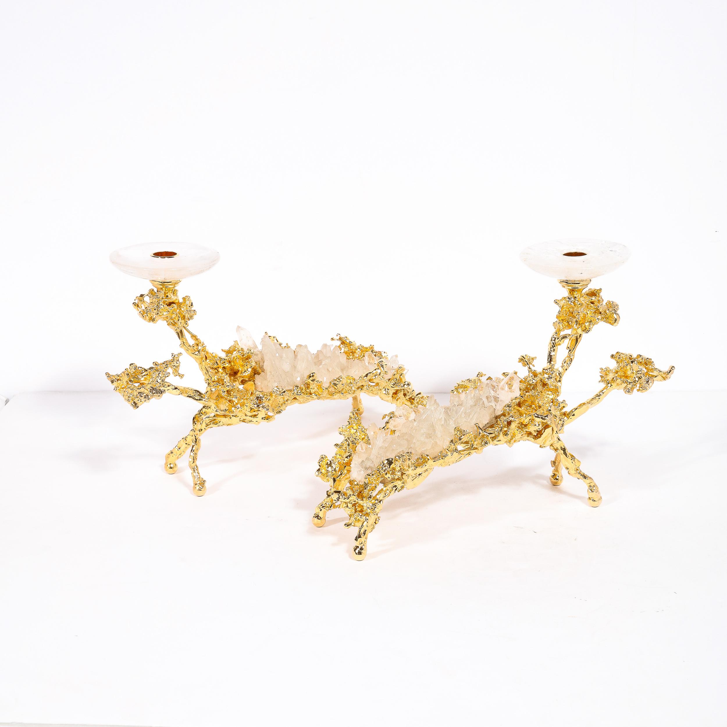 Mid-Century Modern Pair of 24Karat Gold Low Branch Candleholders w/ Rock Crystals by Claude Boeltz For Sale