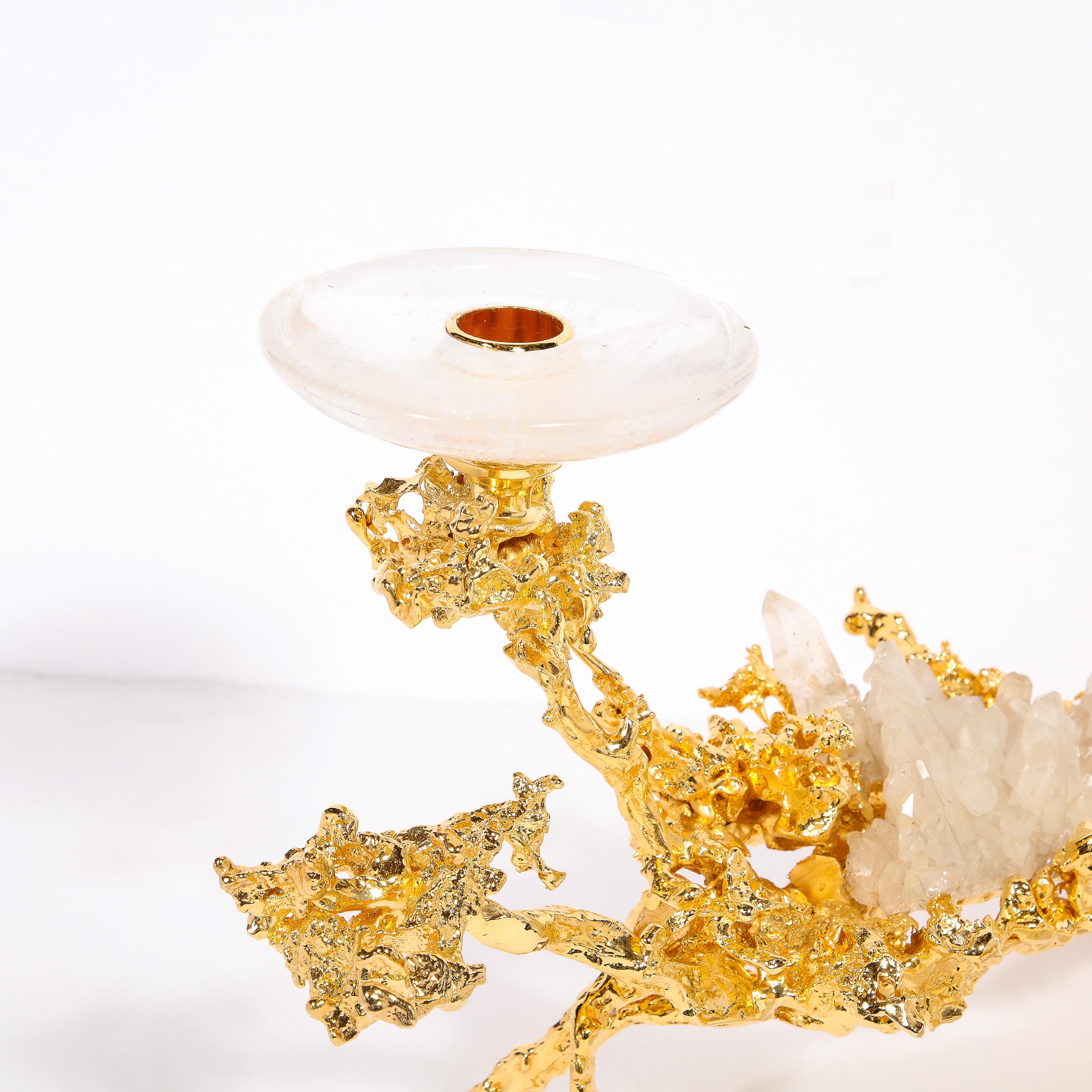 French Pair of 24Karat Gold Low Branch Candleholders w/ Rock Crystals by Claude Boeltz For Sale