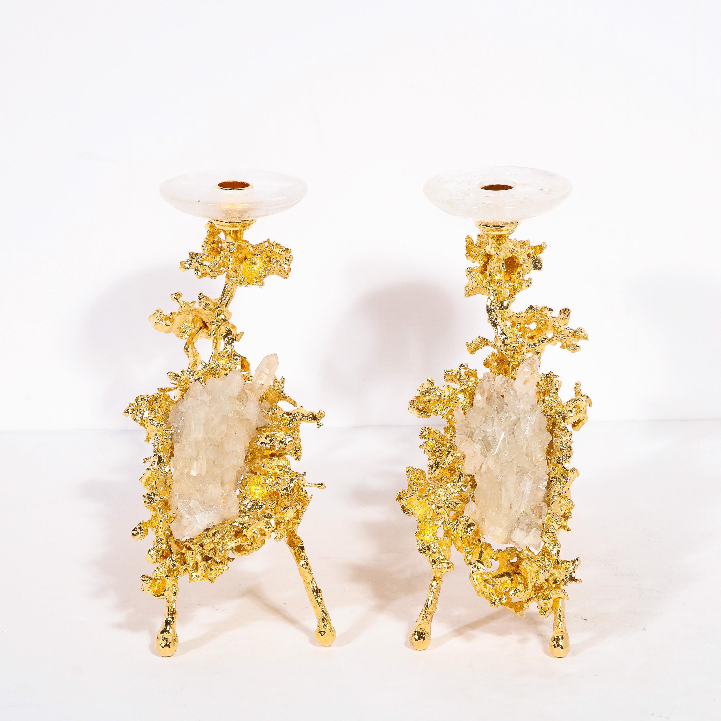 20th Century Pair of 24Karat Gold Low Branch Candleholders w/ Rock Crystals by Claude Boeltz For Sale