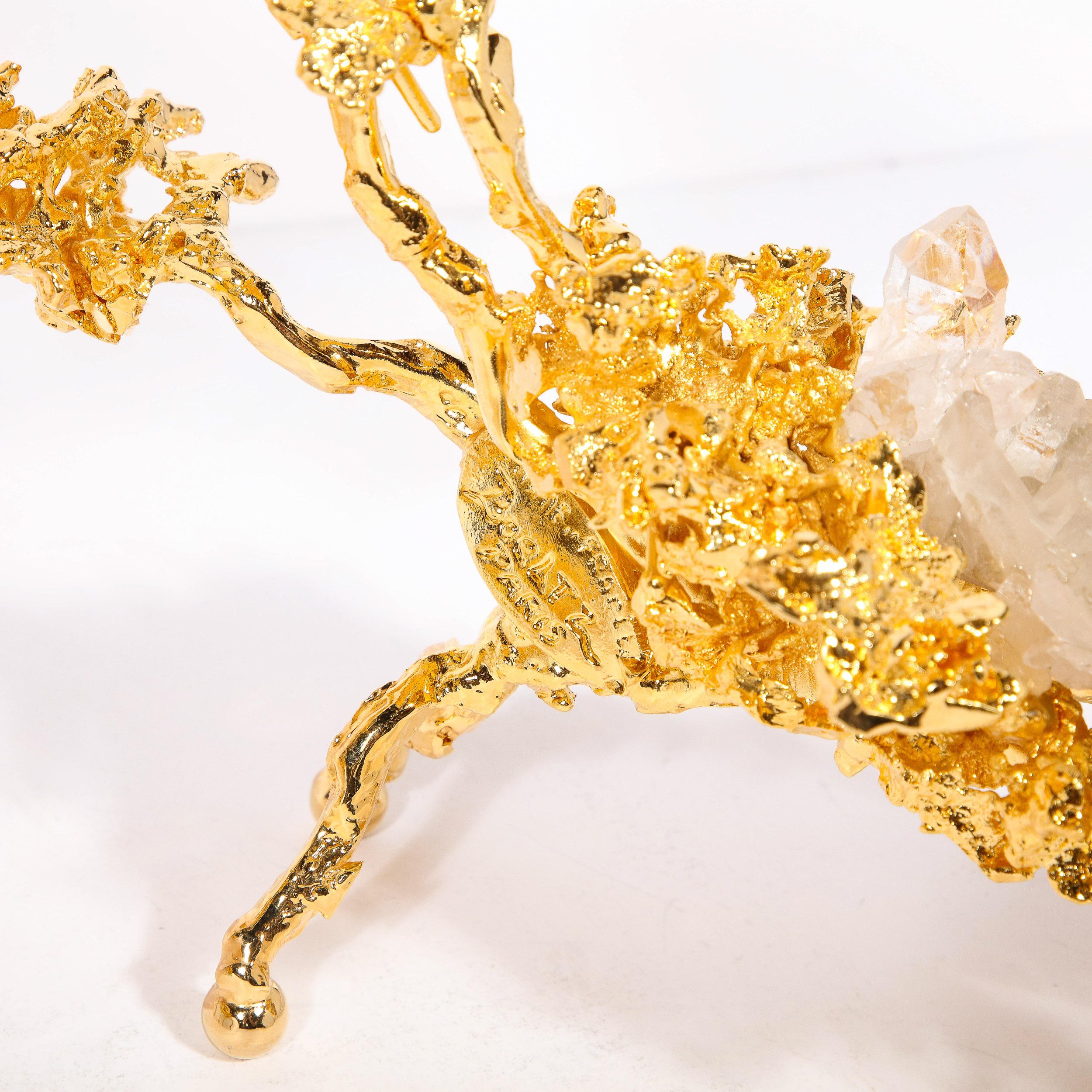 Ein Paar niedrige 24 Karat Gold-Kerzenhalter mit Bergkristallen von Claude Boeltz im Angebot 1