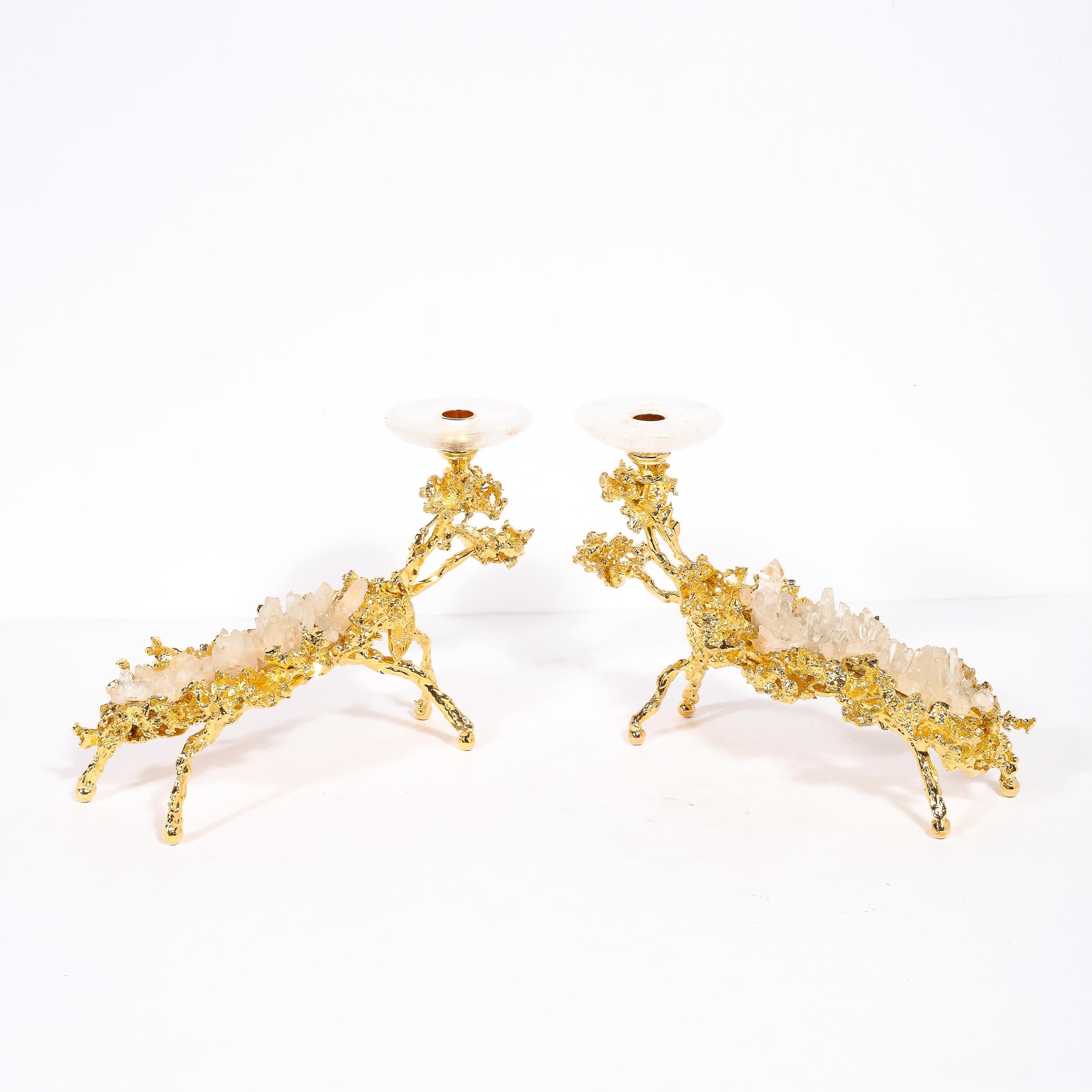 Pair of 24Karat Gold Low Branch Candleholders w/ Rock Crystals by Claude Boeltz For Sale 2