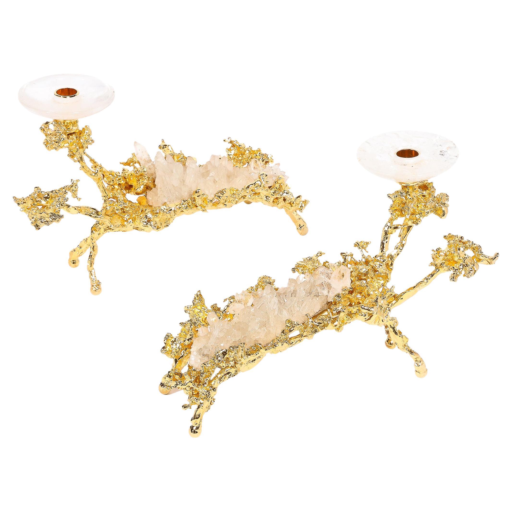 Pair of 24Karat Gold Low Branch Candleholders w/ Rock Crystals by Claude Boeltz