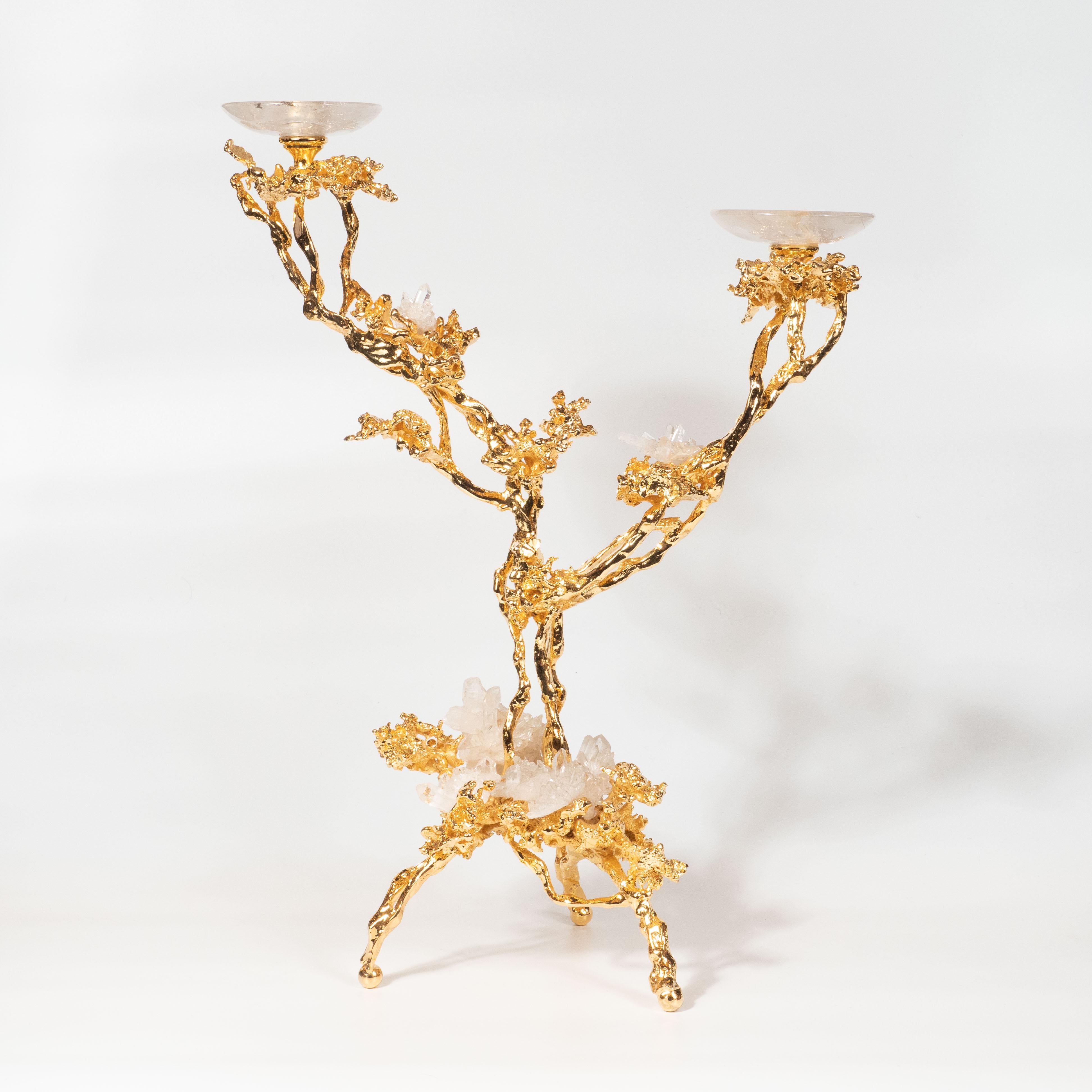 Coppia di candelieri a doppio ramo in oro 24kt con cristalli di rocca, Claude Boeltz in vendita 6