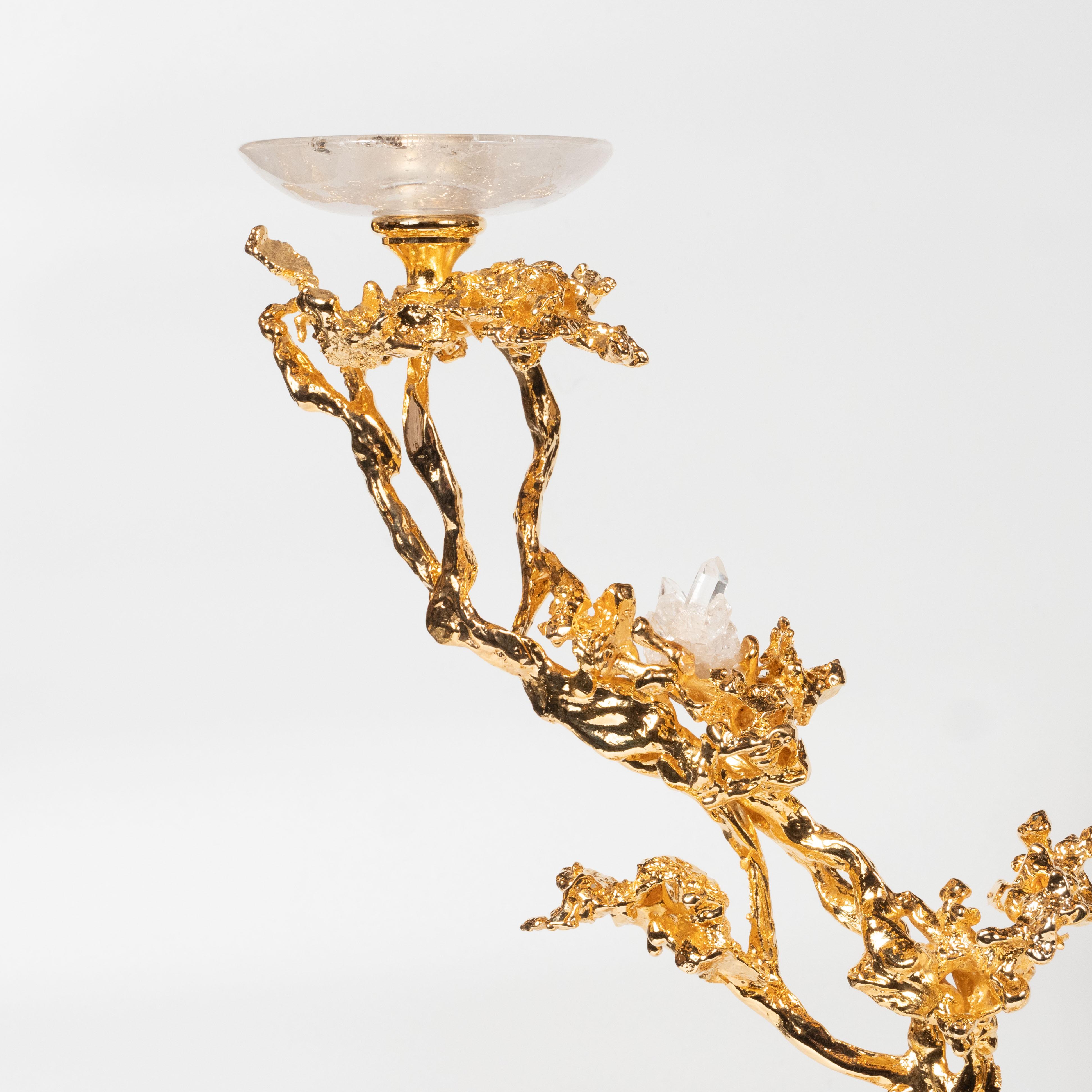 Coppia di candelieri a doppio ramo in oro 24kt con cristalli di rocca, Claude Boeltz in vendita 8