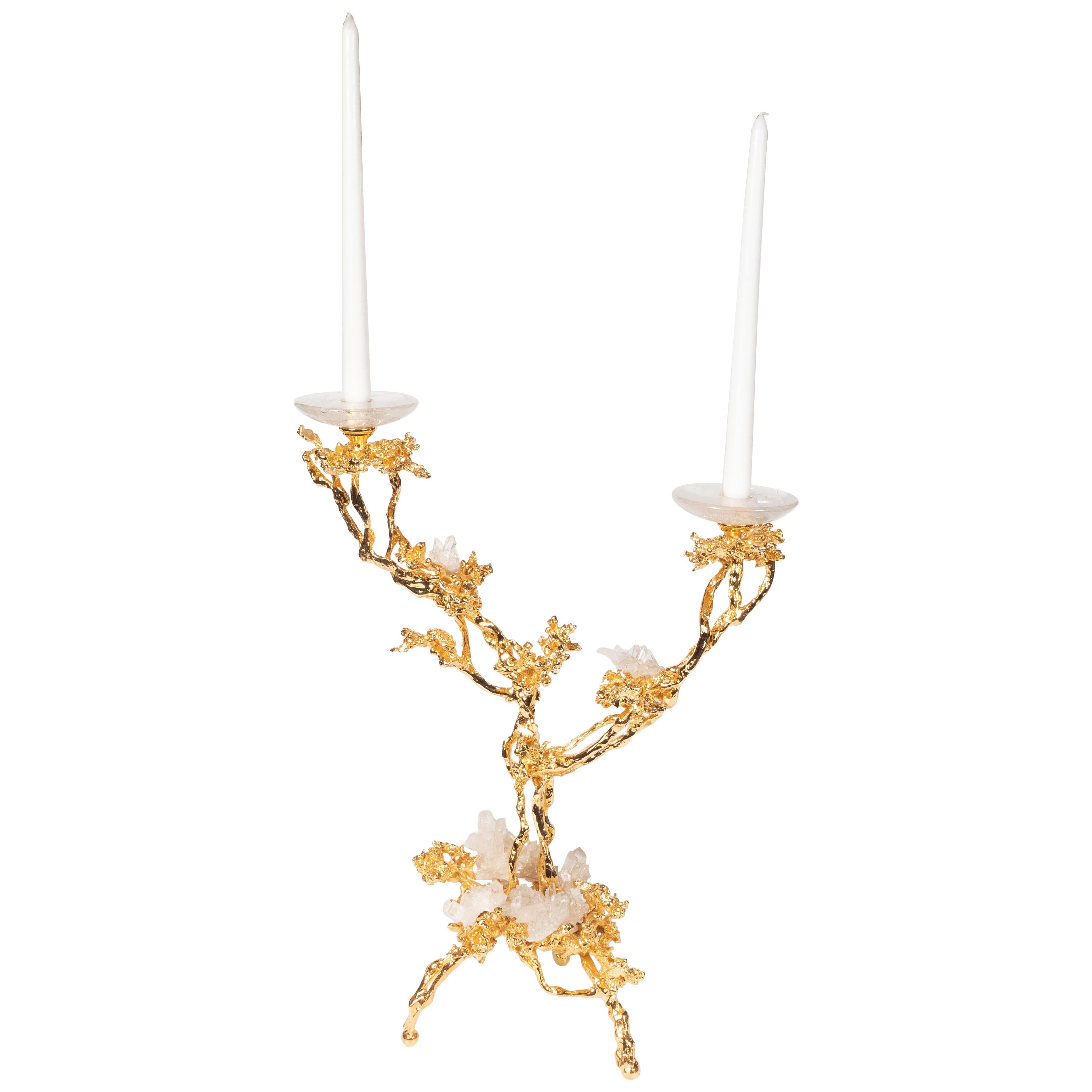 Pair of 24kt Gold Double Branch Candlesticks with Rock Crystals, Claude Boeltz For Sale 9