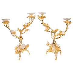 Pair of 24kt Gold Double Branch Candlesticks with Rock Crystals, Claude Boeltz