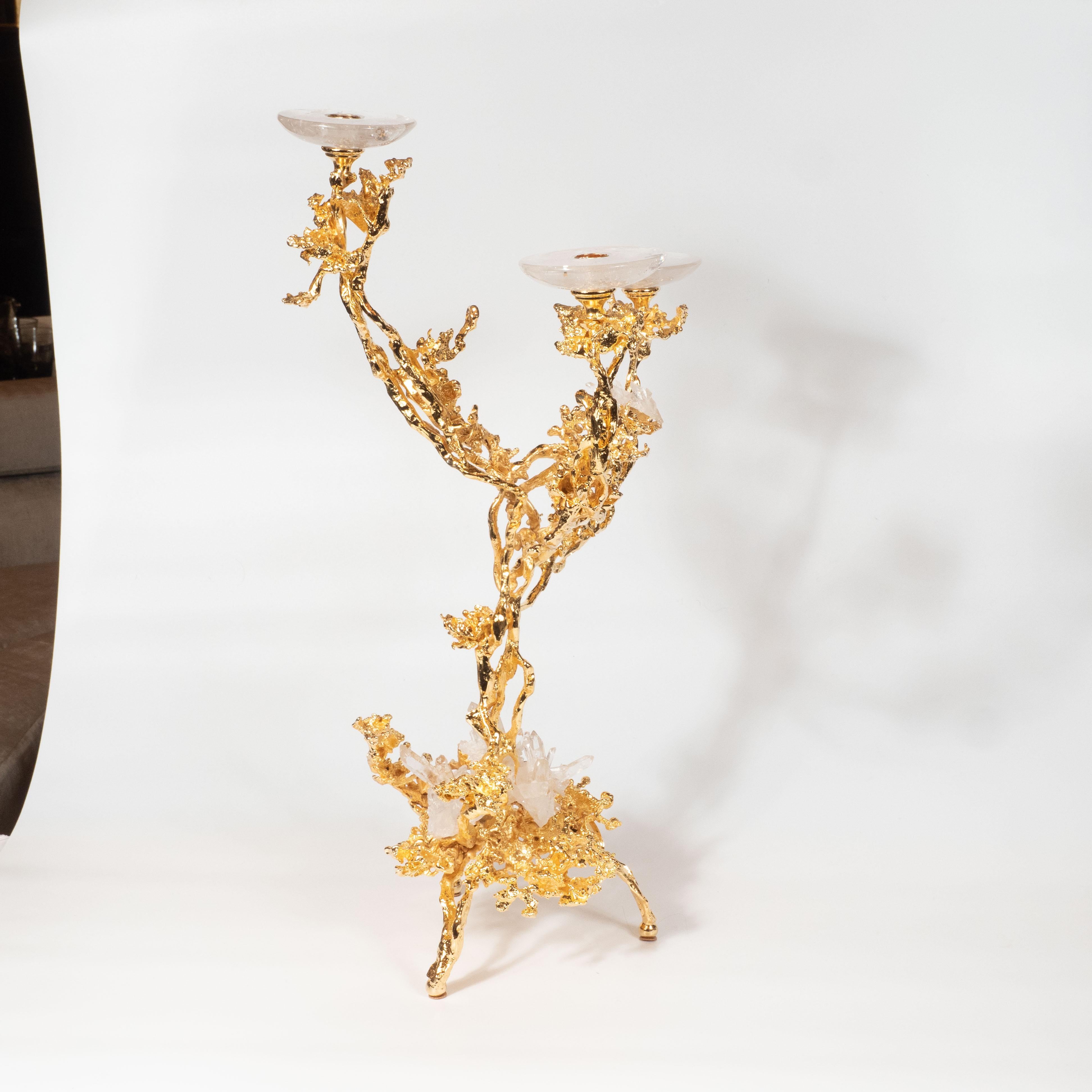 24-Karat Gold Triple Branch Candlesticks with Rock Crystals, Claude Boeltz, Pair For Sale 4